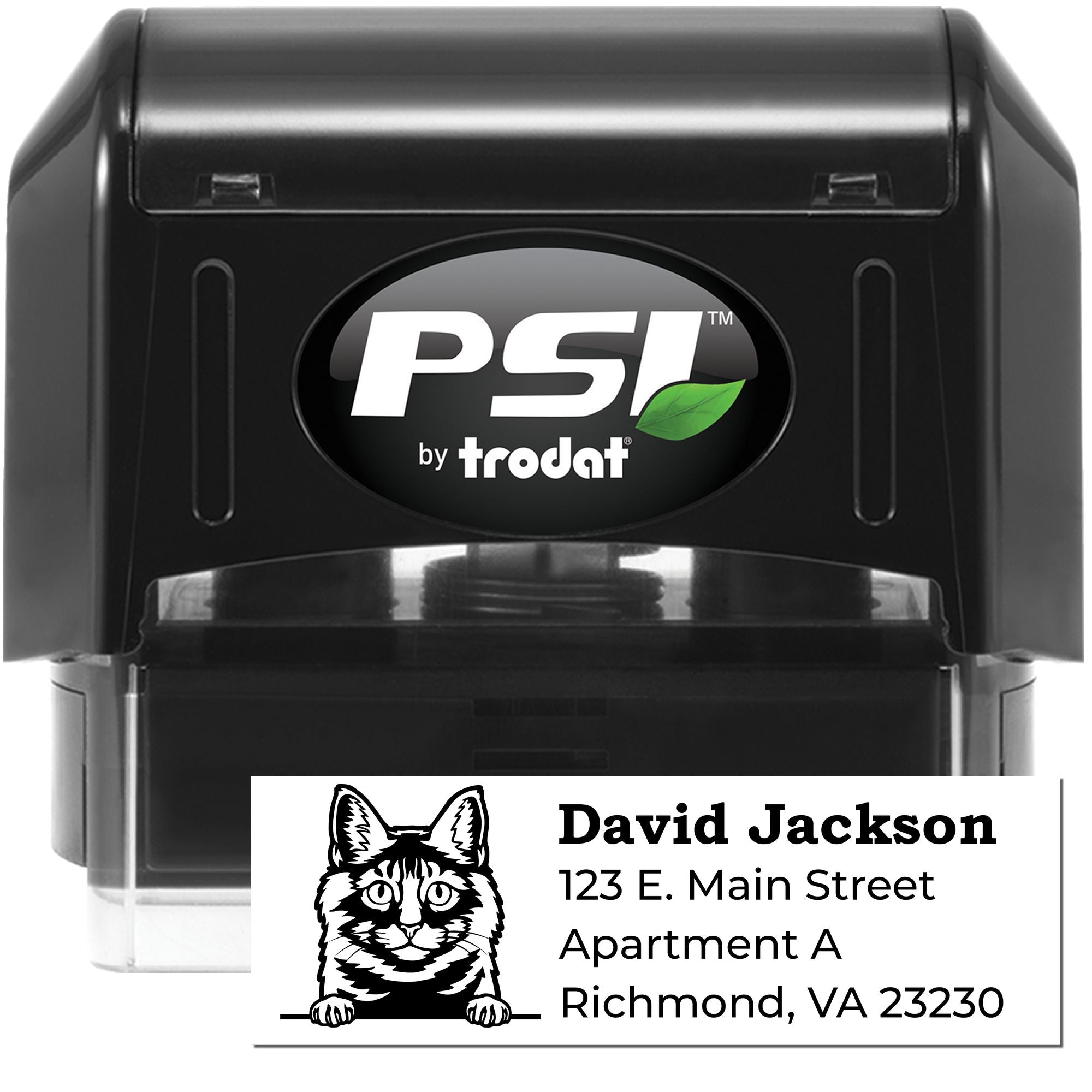 PSI by Trodat self-inking rubber stamp with custom address label and cat logo for personalized mailing.