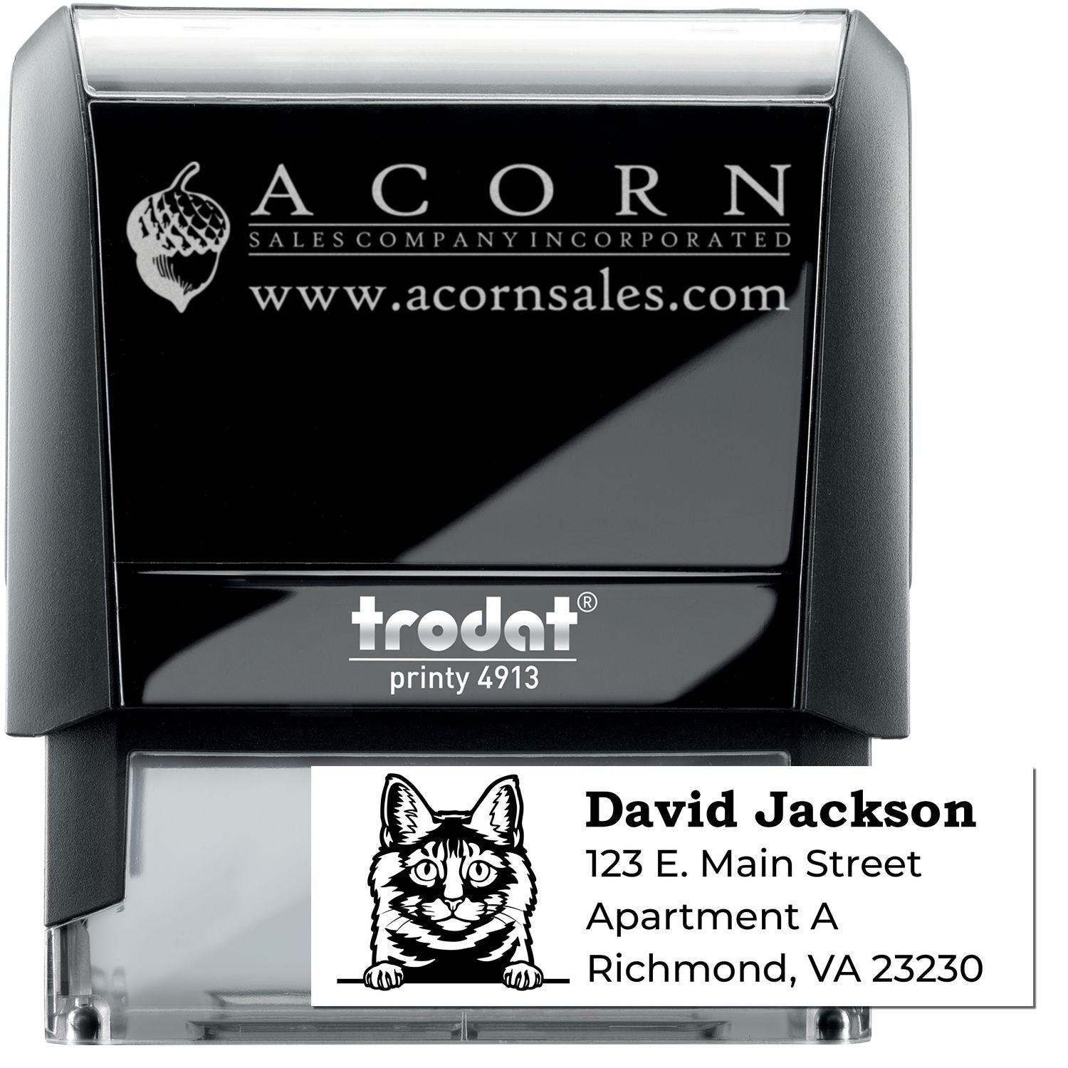 Custom self-inking rubber stamp for return addresses with logo, business name, and cat design, Trodat Printy 4913.