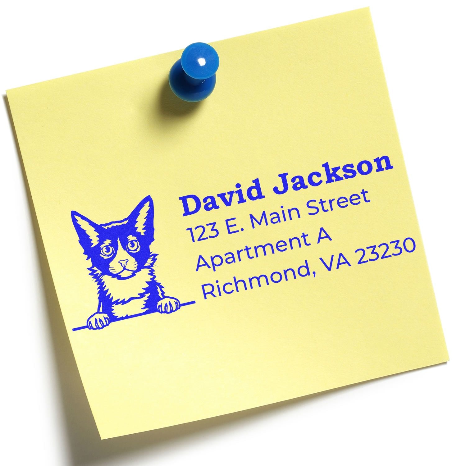 Personalized cat return address rubber stamp on a note, ideal for mailing envelopes and custom home address labeling.