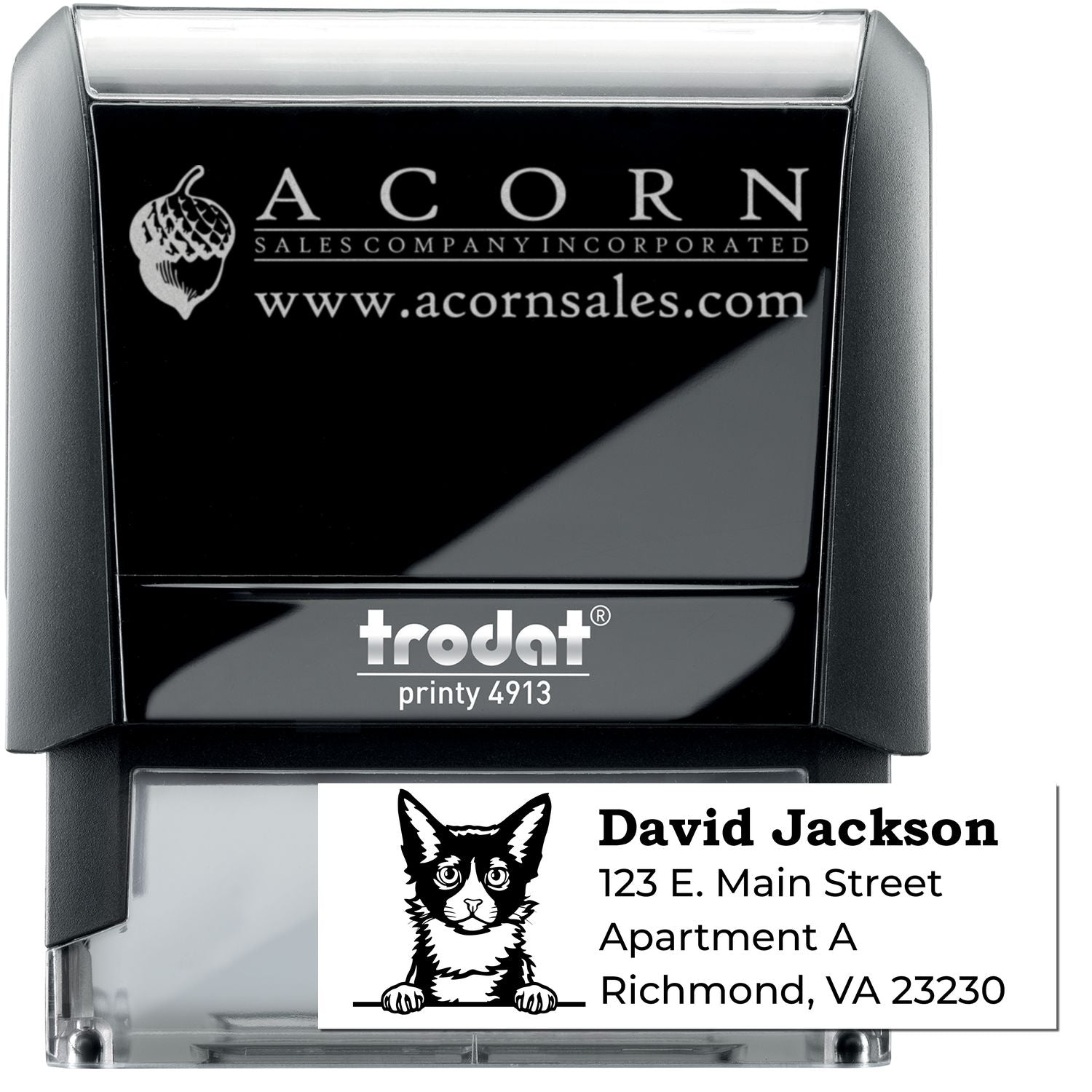 Custom self-inking rubber address stamp with logo and mailing details, Trodat Printy 4913 for business branding.