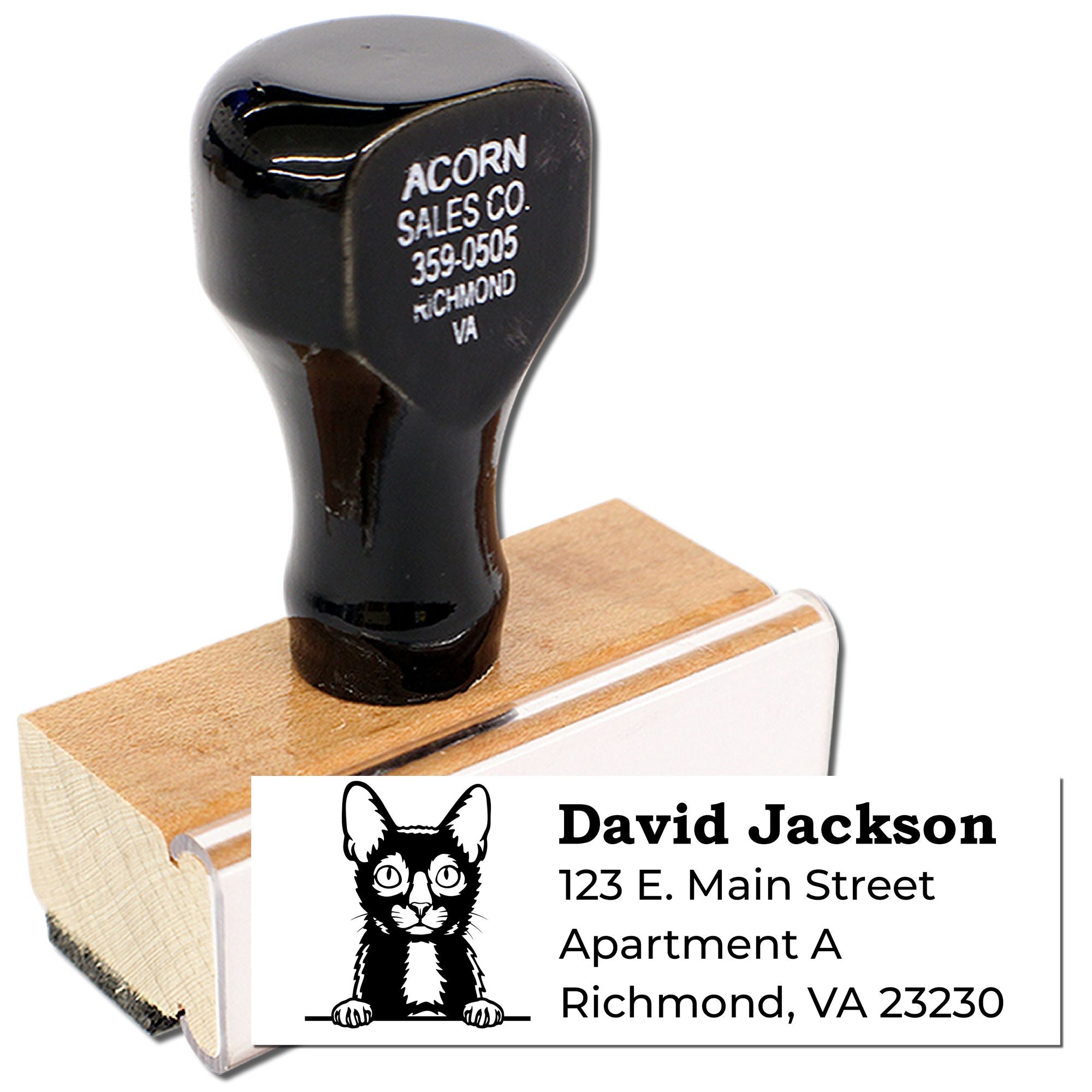 Custom rubber address stamp with cat icon for David Jackson, Richmond VA mailing labels and envelopes.