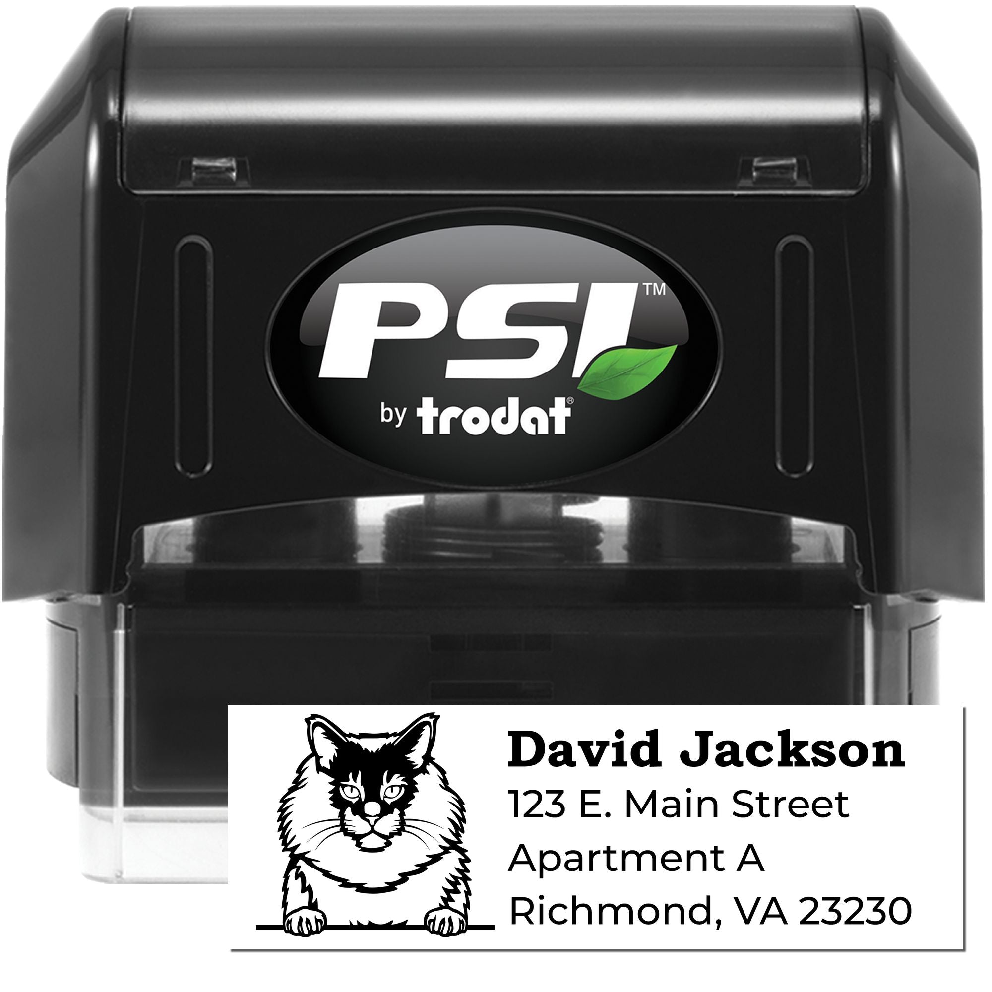 PSI by Trodat custom self-inking rubber address stamp with cat logo and full mailing address for envelopes and mailings.