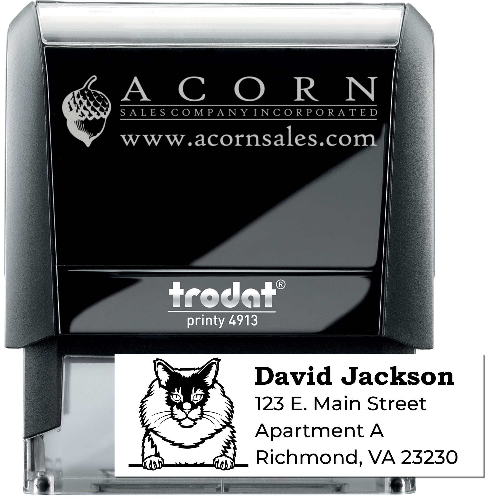 Trodat Printy 4913 self-inking custom rubber stamp with business logo and address imprint examples.