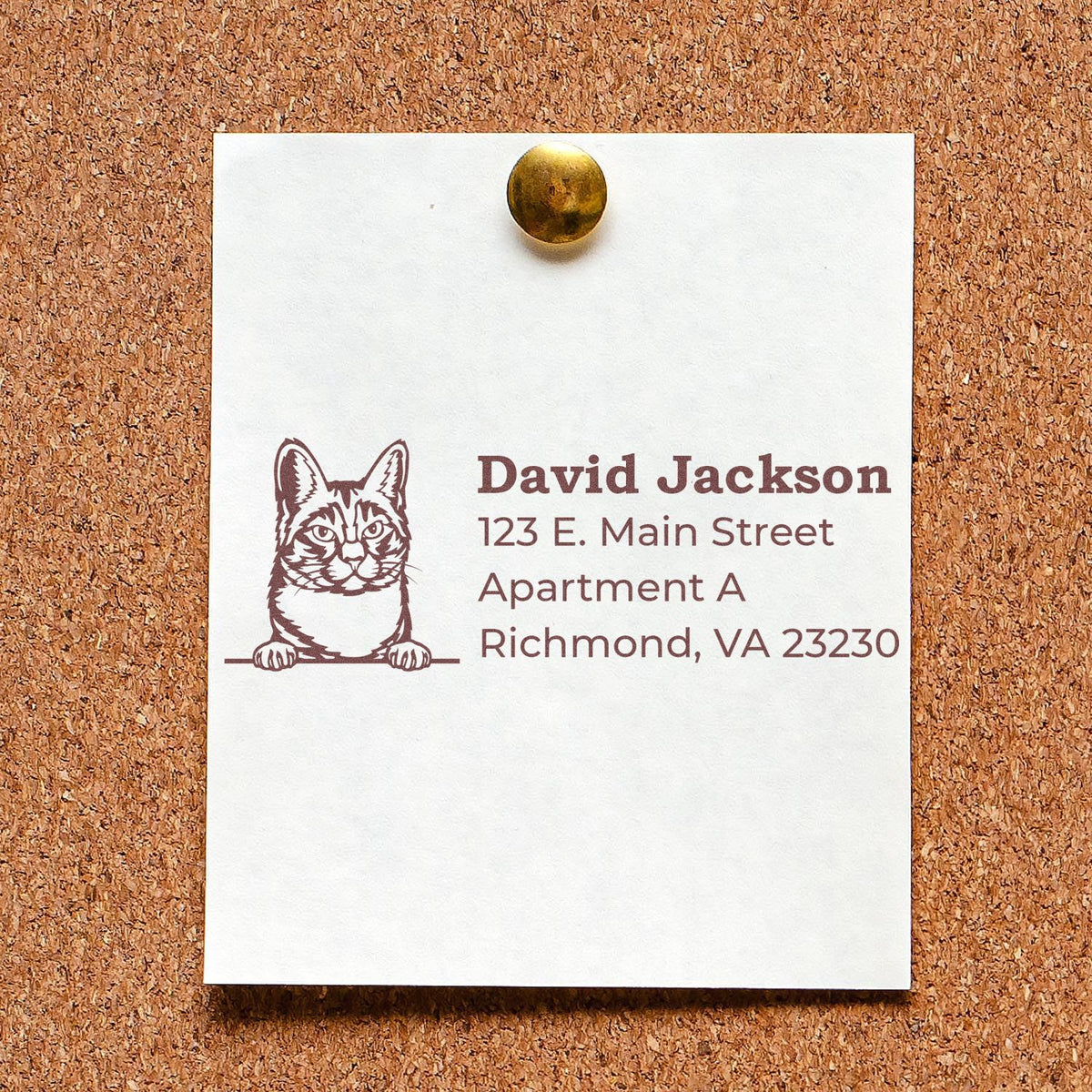 Custom cat return address rubber stamp for envelopes, featuring personalized name and Richmond, VA address.