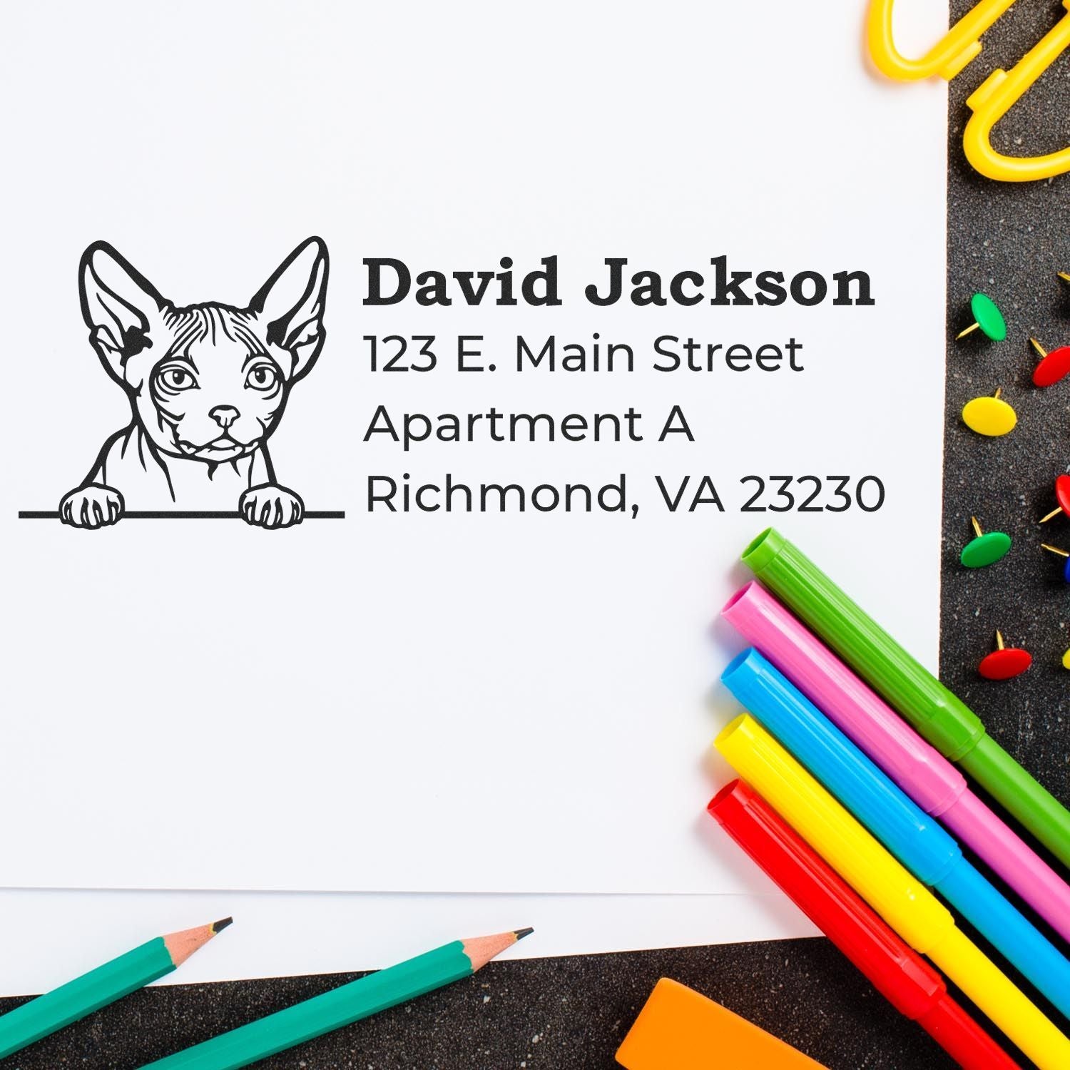 Custom rubber address stamp with dog illustration and personalized name, street address, and apartment details for mailing.