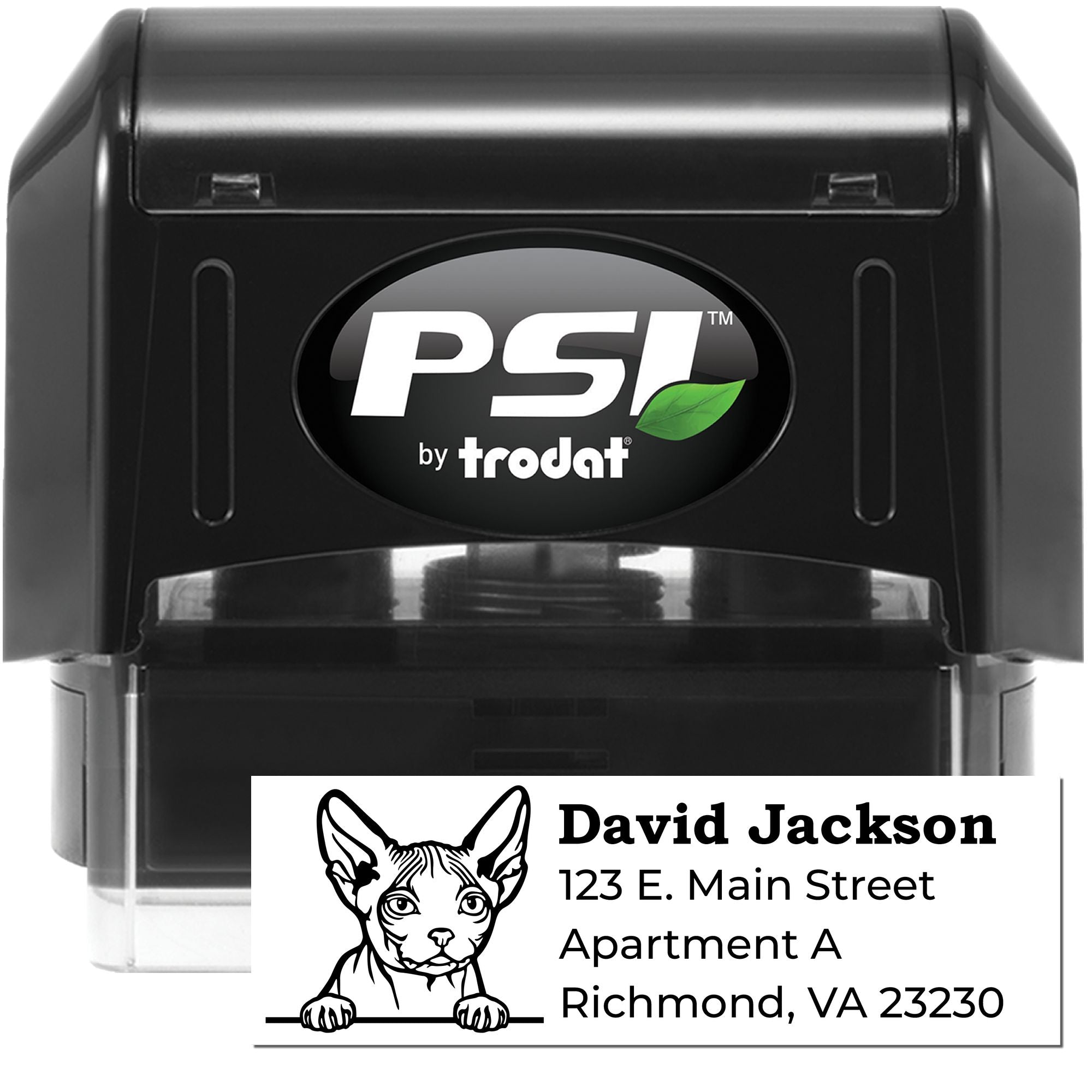 PSI by Trodat self-inking rubber stamp with custom cat address design for personalized mailing and return address labels.