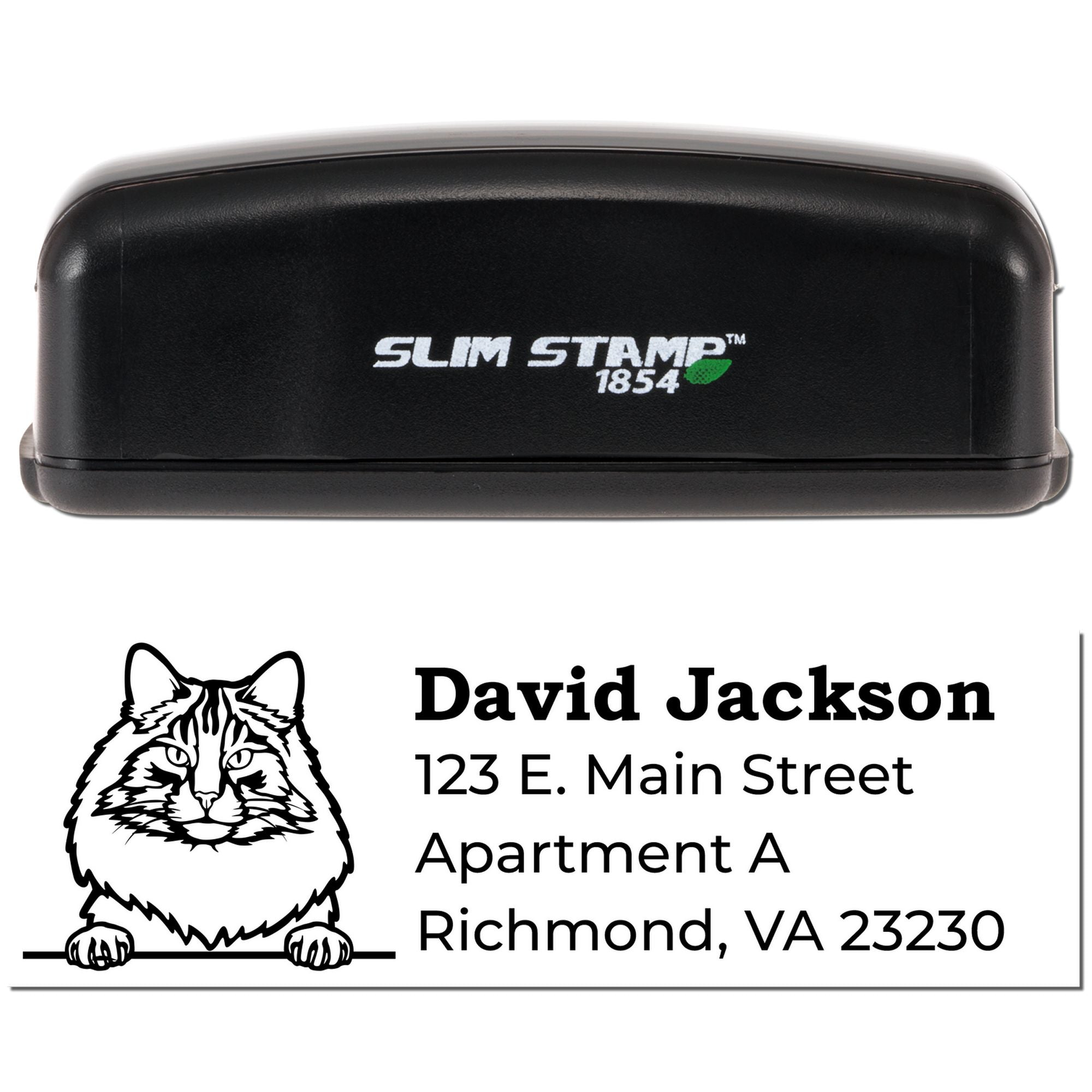 Slim Stamp 1854 custom address rubber stamp with wolf logo, name, and address imprint.