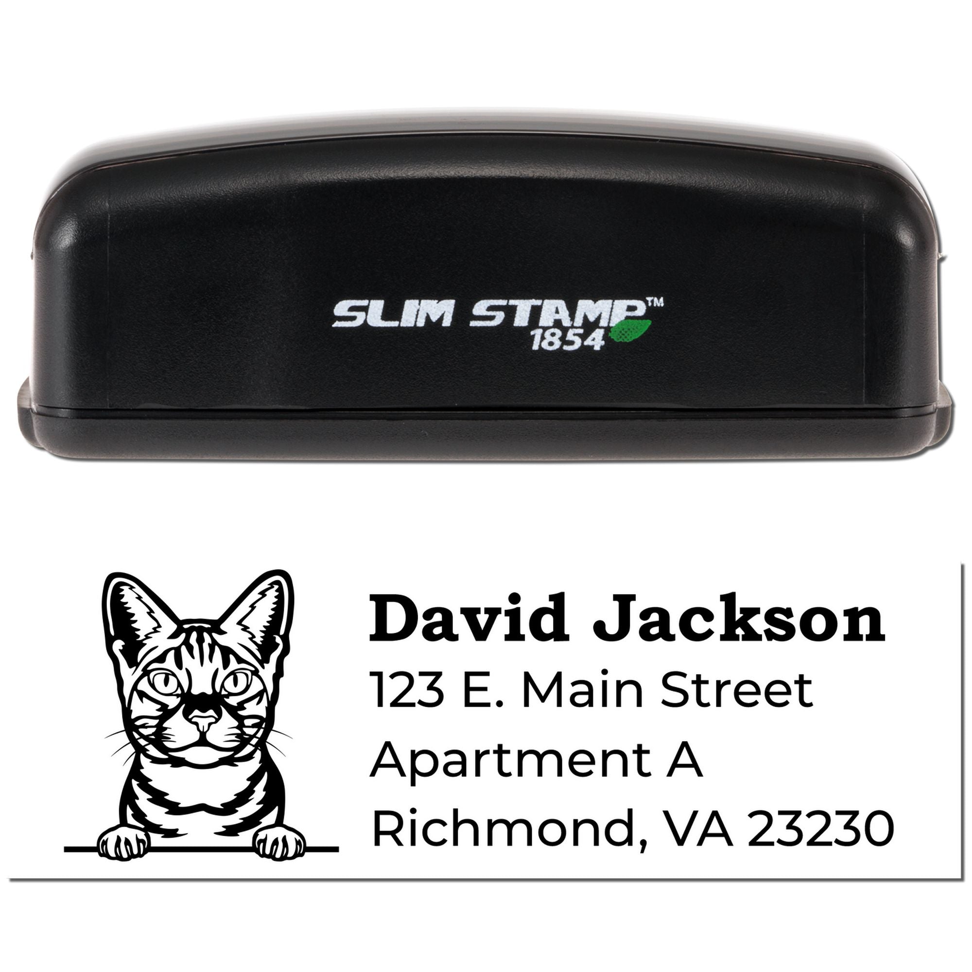 Custom self-inking rubber address stamp with cat illustration and personalized name and address, Slim Stamp 1854.