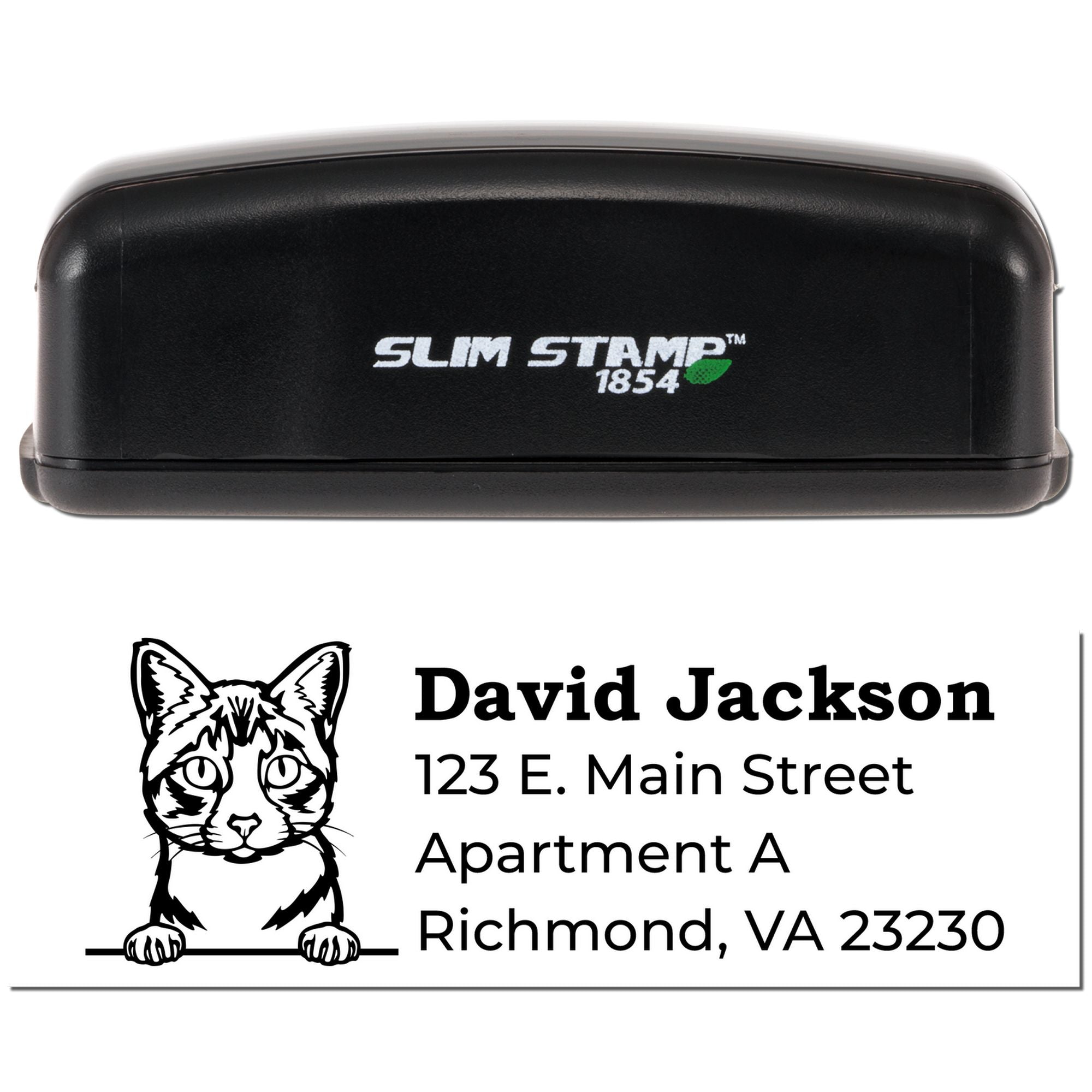 Custom Slim Stamp 1854 self-inking address rubber stamp with cat design for David Jackson, Richmond VA return mailing address.