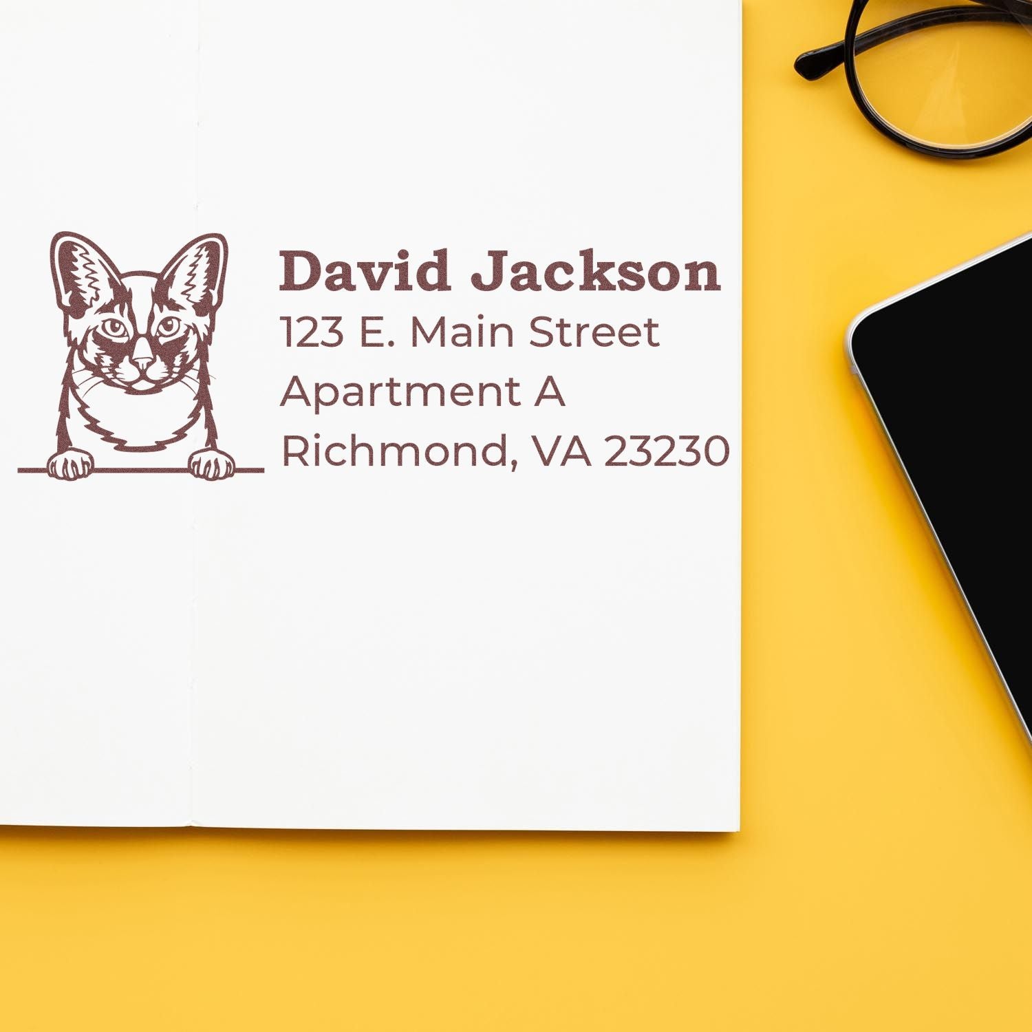 Custom cat return address rubber stamp with name and mailing address for envelopes.