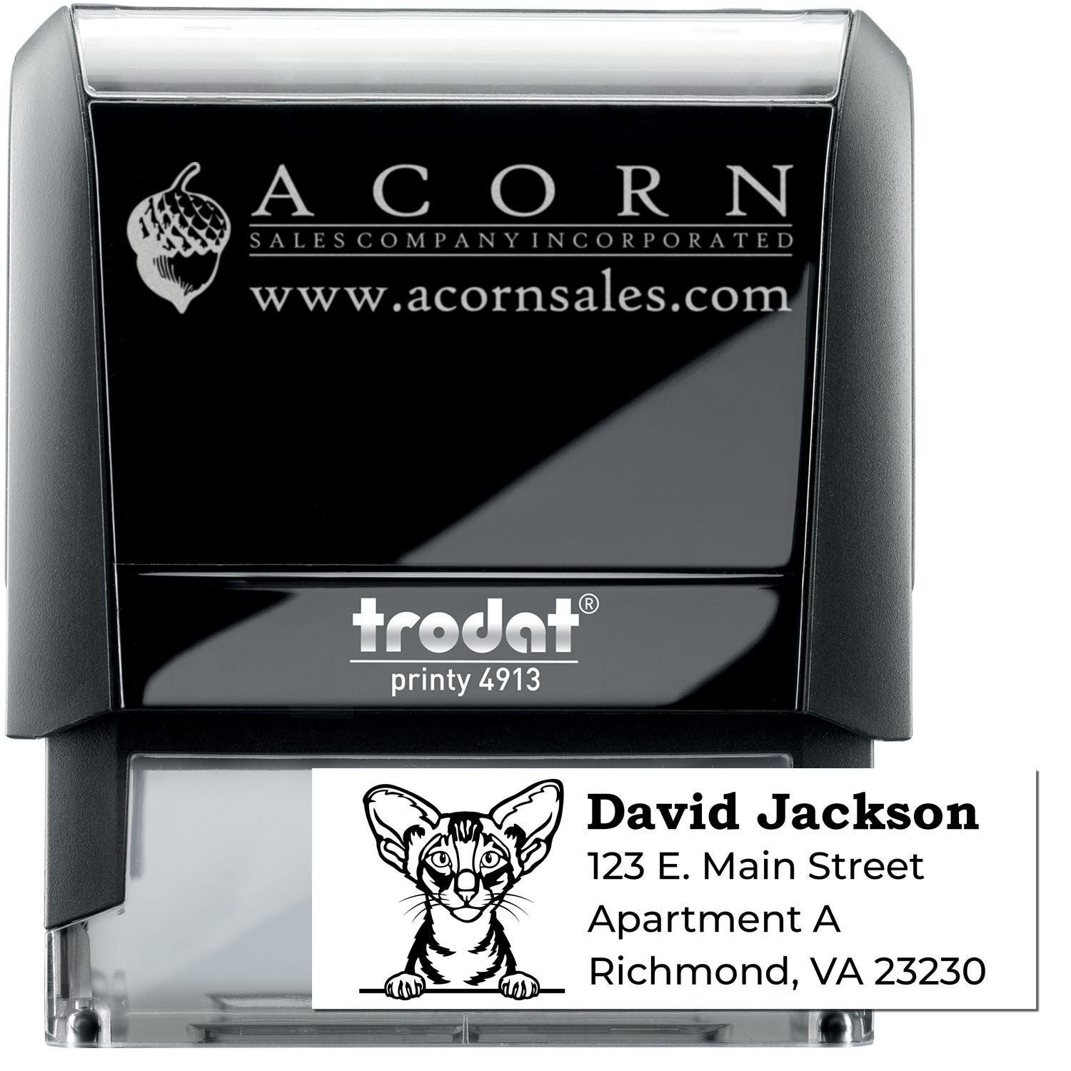 Trodat Printy 4913 custom self-inking rubber stamp with logo and address imprint for business mailing.