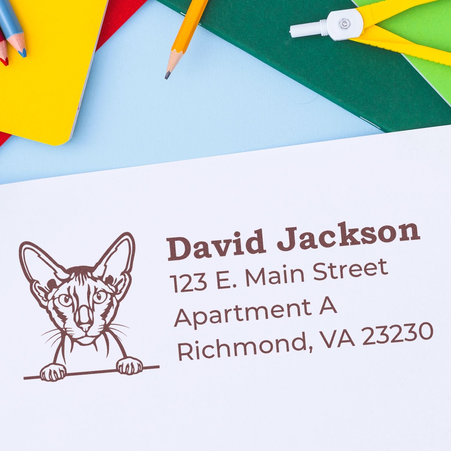 Custom return address rubber stamp with cat logo on stationery, ideal for mailing and branding