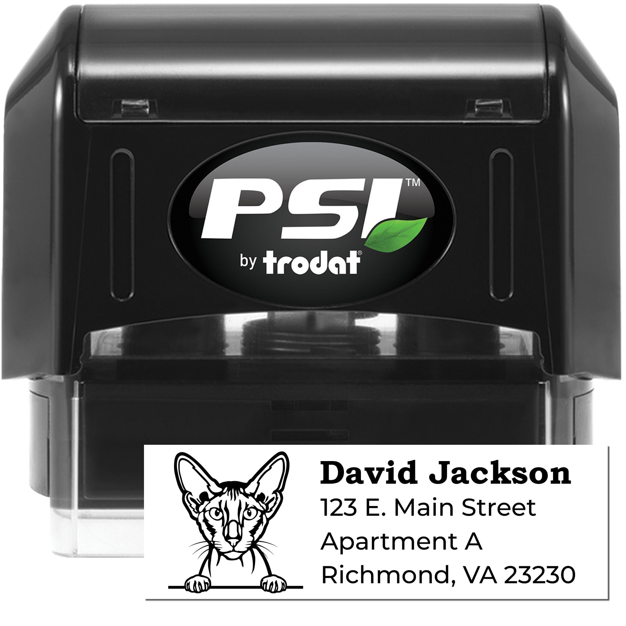 PSI by Trodat self-inking rubber stamp with custom address and logo imprint for personalized mailing and branding.