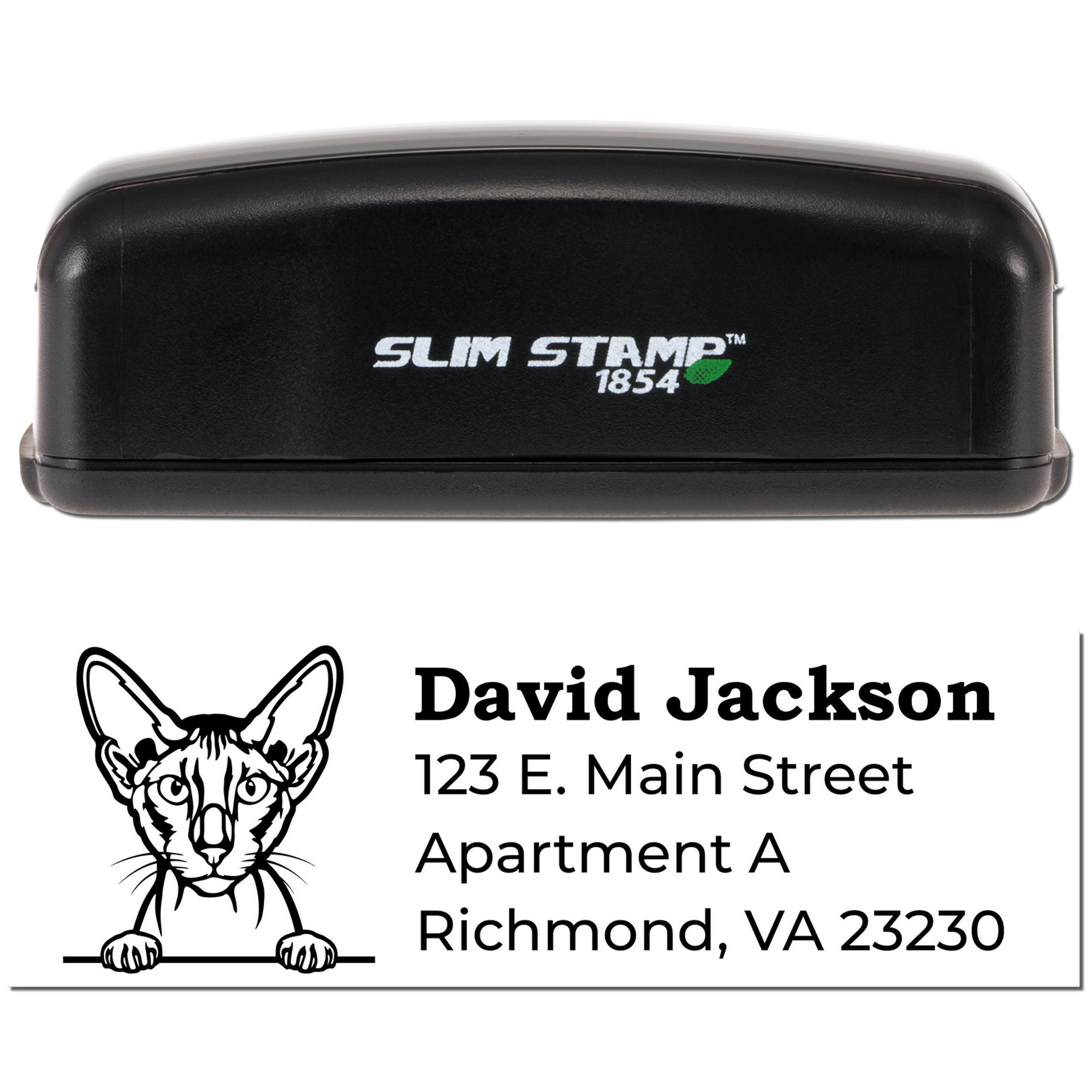 Custom Slim Stamp 1854 rubber return address stamp with cat logo for David Jackson, Richmond VA 23230