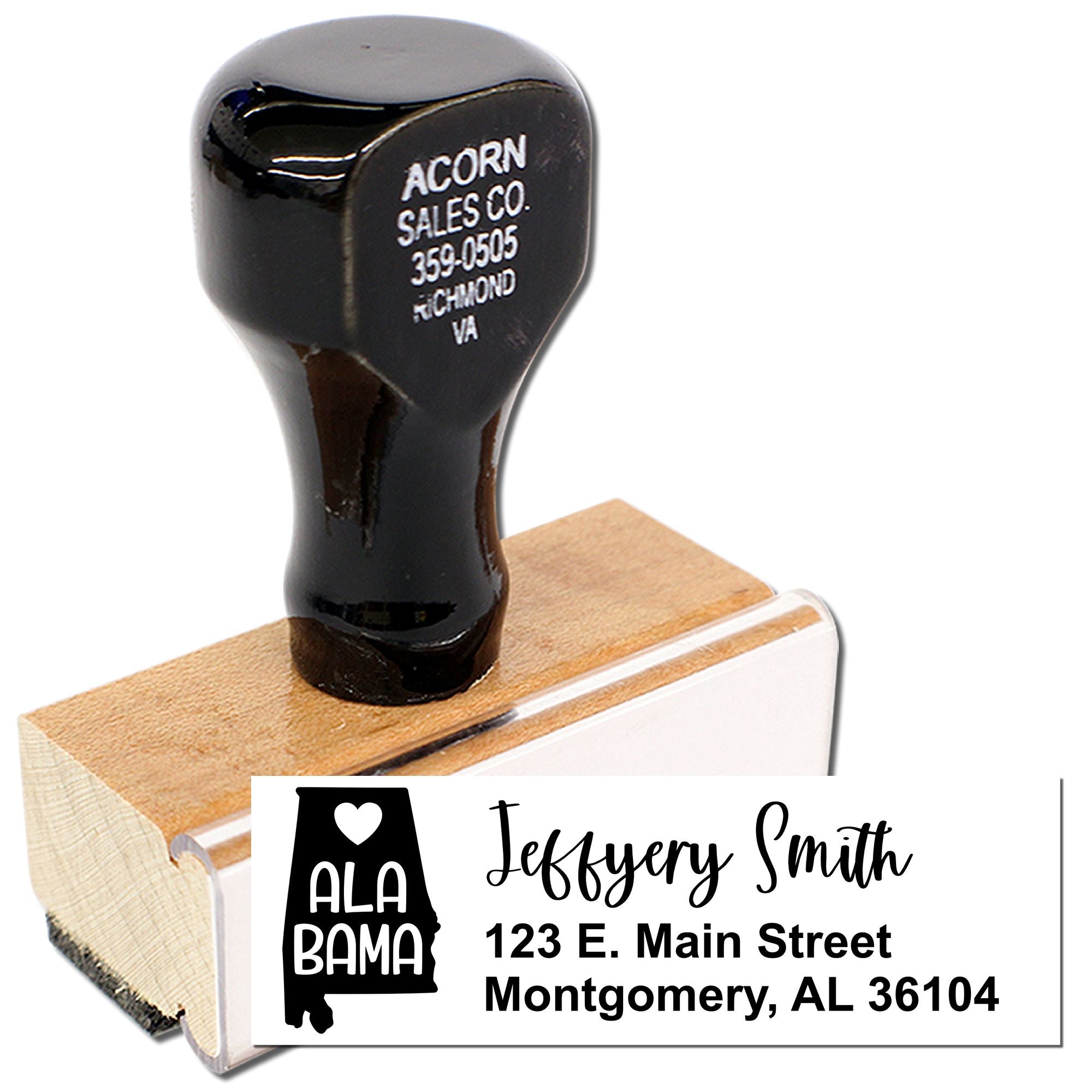Custom Alabama return address rubber stamp with self-inking design for name, street, and city mailing labels.