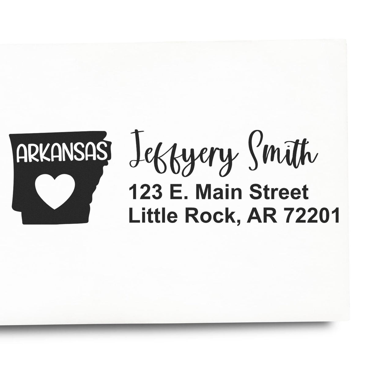 Personalized Arkansas return address rubber stamp with state outline, heart, and Jeffrey Smith mailing address.