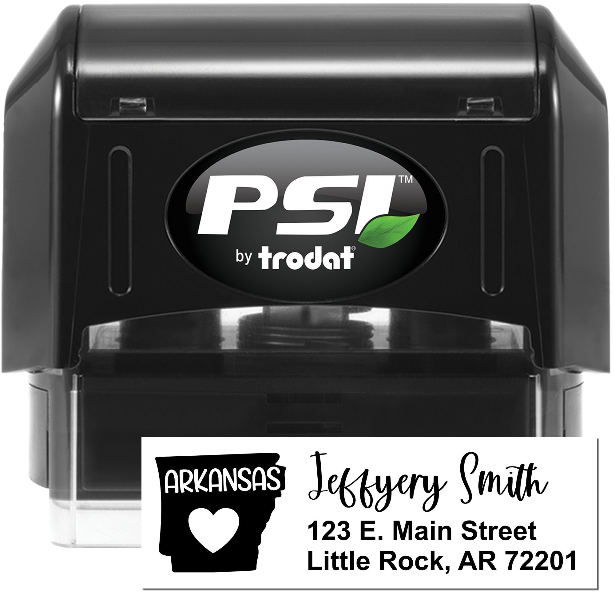 Custom self-inking rubber address stamp by PSI Trodat for Arkansas return addresses, featuring Jeffrey Smith.
