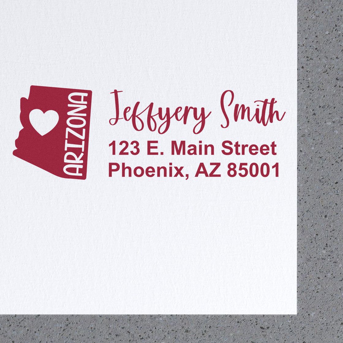 Personalized Arizona state address rubber stamp with heart icon for Jeffery Smith, Phoenix, AZ 85001.