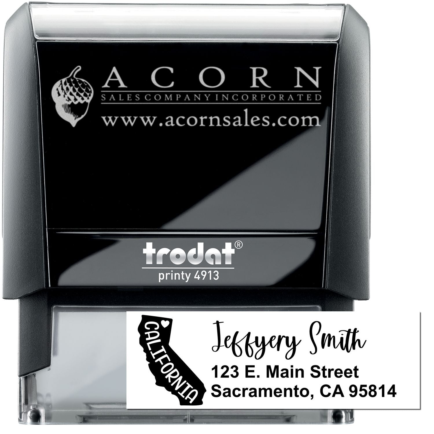 Custom self-inking Trodat Printy 4913 rubber stamp with business logo and address imprint example.