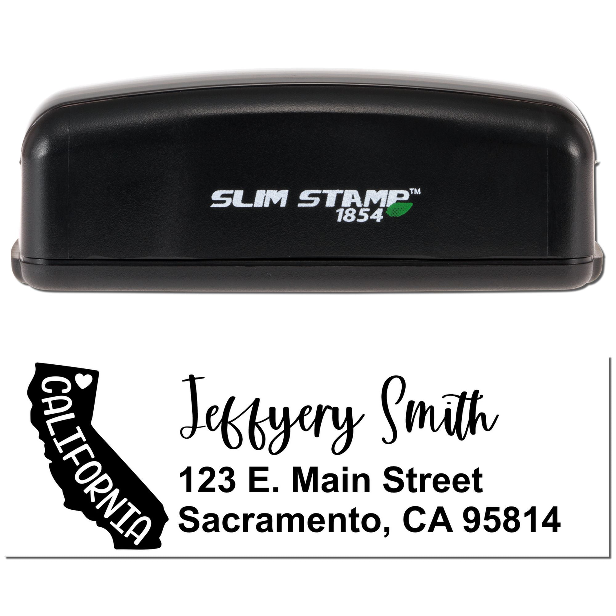 Slim Stamp 1854 self-inking rubber stamp with California return address design for Jeffrey Smith, Sacramento, CA.