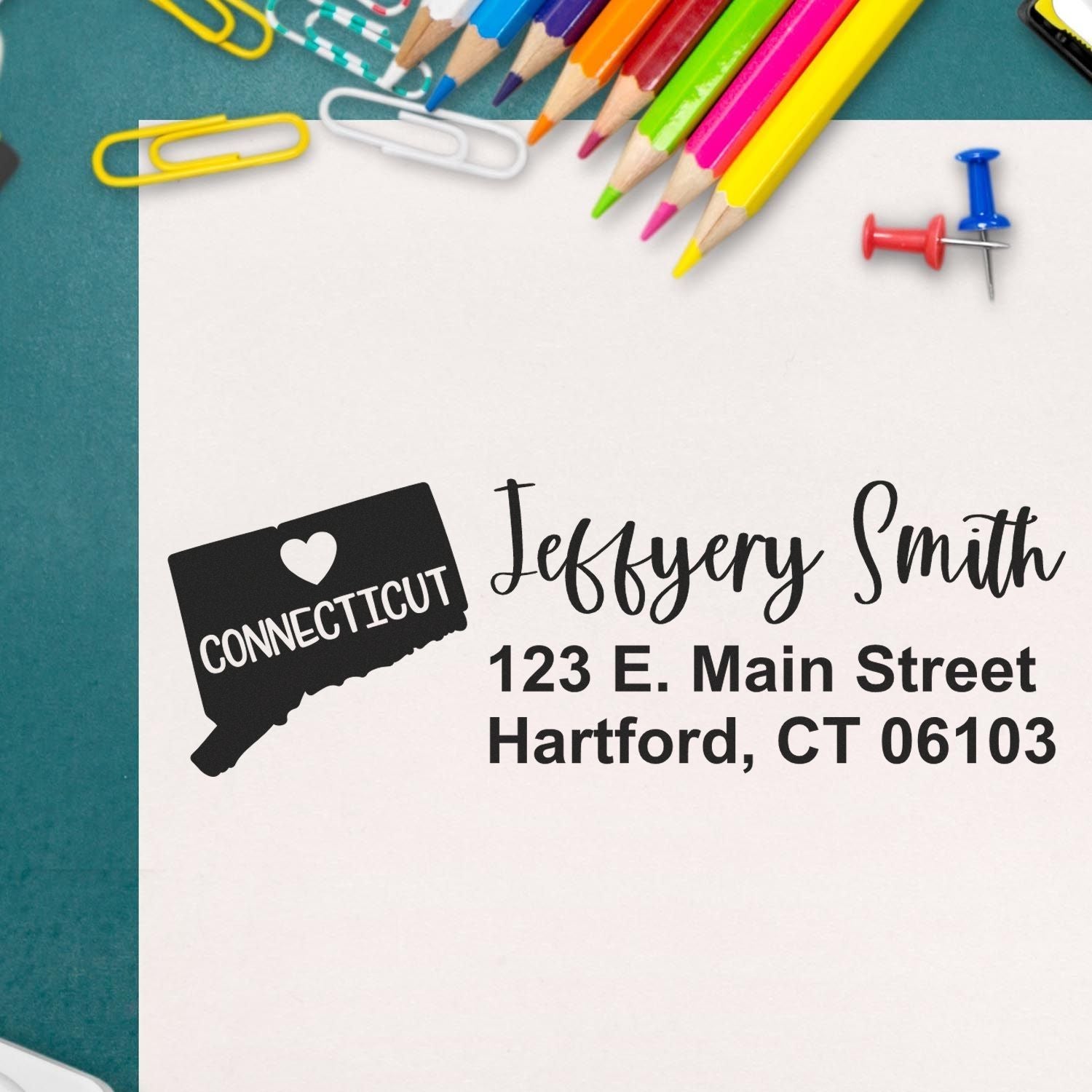 Personalized Connecticut return address rubber stamp for Jeffery Smith, Hartford, CT 06103, ideal for envelopes and mail.