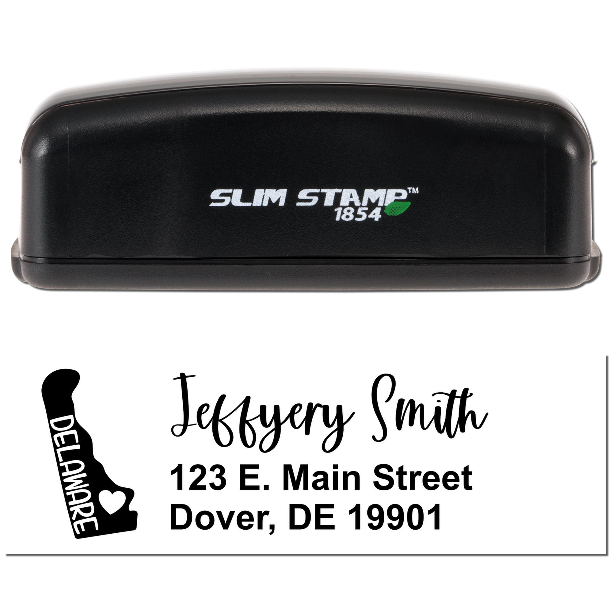 Custom Delaware address rubber stamp with name, street address and ZIP code, shown in Slim Stamp 1854 self-inking case.