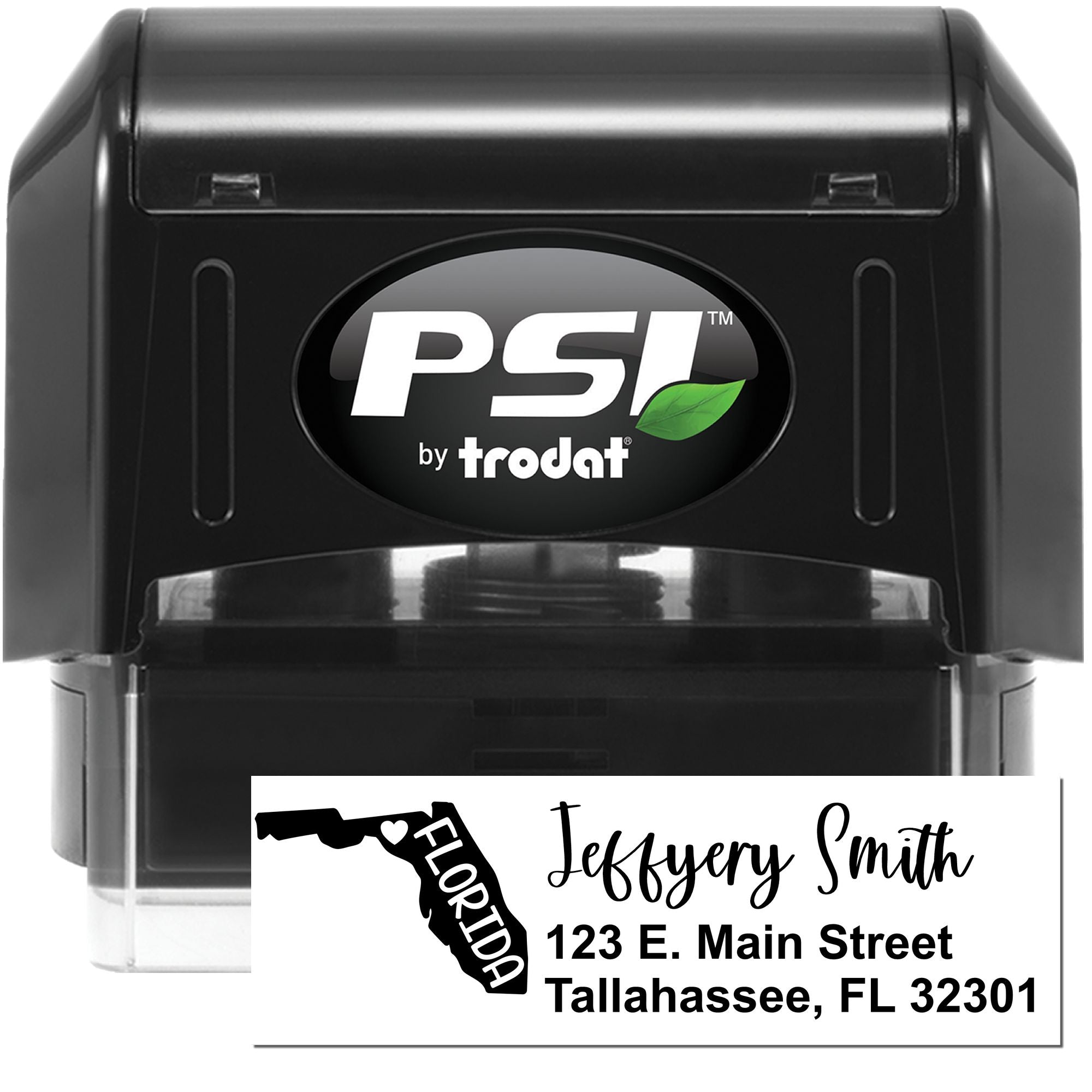 Custom self-inking Florida address rubber stamp by PSI Trodat, featuring Tallahassee return address for business mailings.
