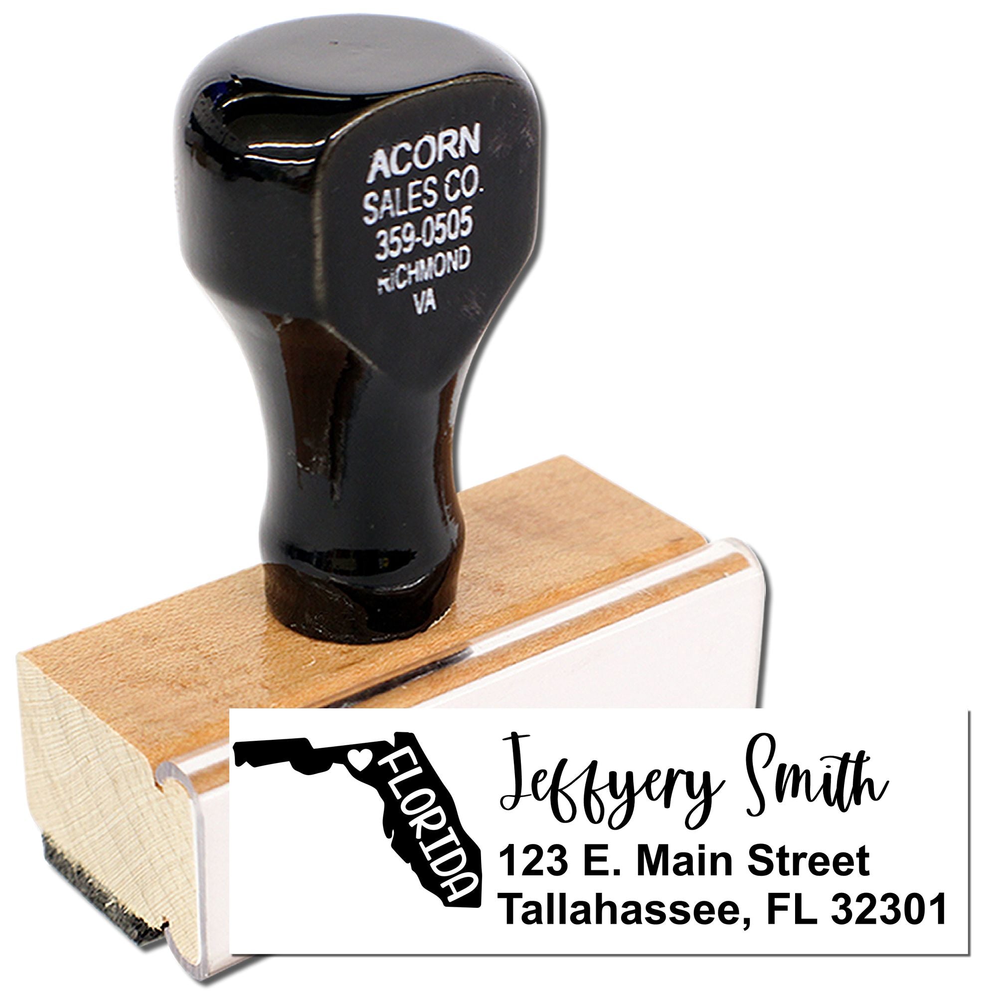 Custom Florida return address rubber stamp with name, street address, and Tallahassee, FL 32301.