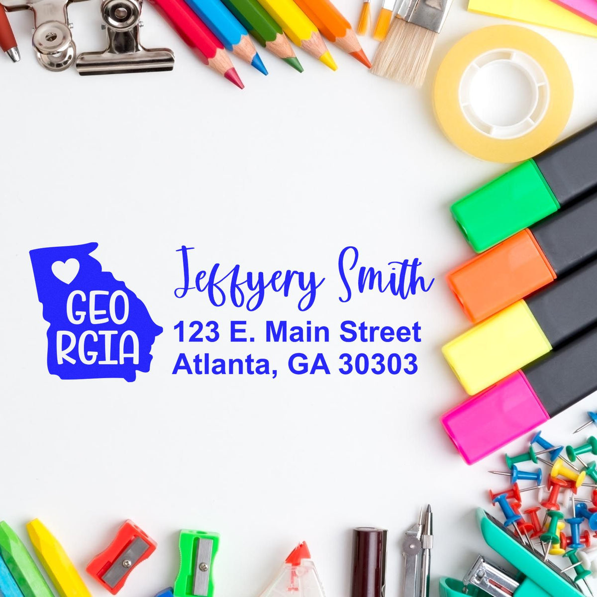 Custom Georgia return address rubber stamp with name and Atlanta, GA mailing address for business use