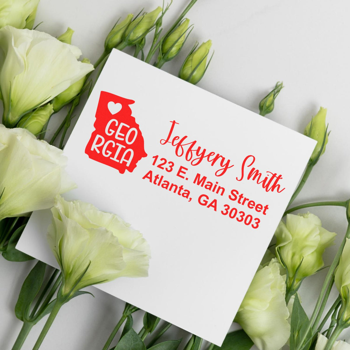 Personalized Georgia custom rubber stamp return address for Jeffrey Smith, Atlanta, GA wedding invitations.