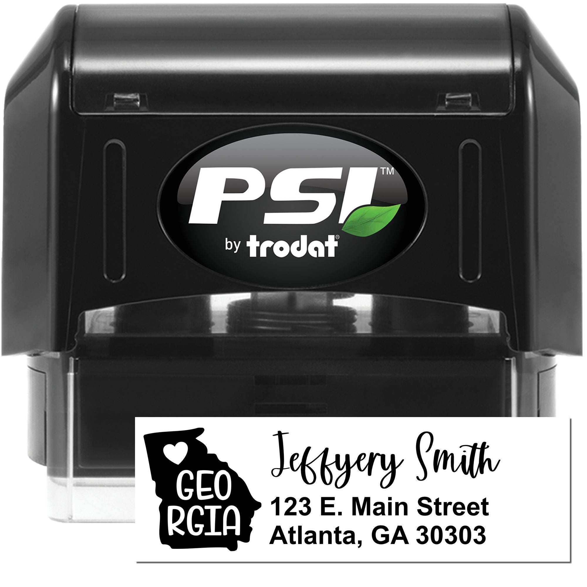 Custom self-inking rubber stamp by PSI Trodat with Georgia logo and Jeffrey Smith address for mailing use.