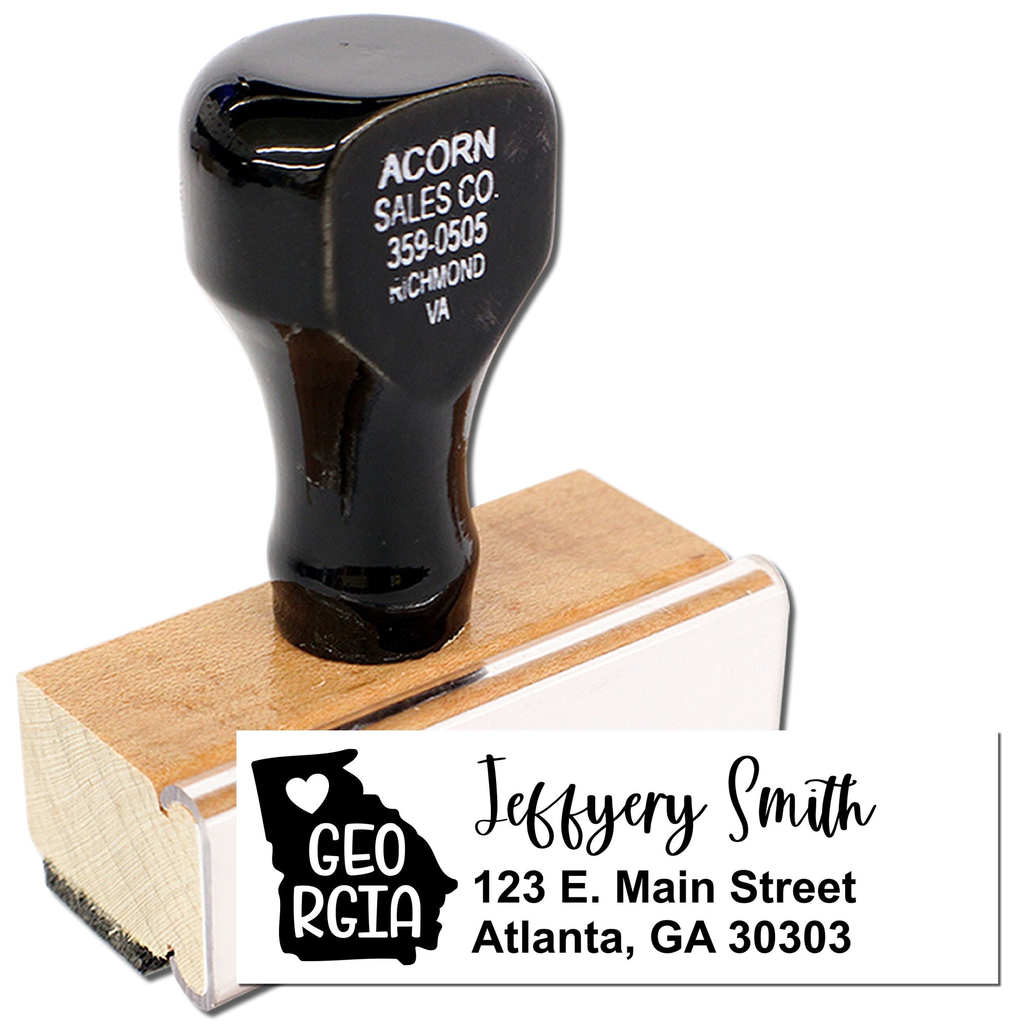 Personalized address rubber stamp with Georgia state logo and sample imprint for Jeffery Smith, Atlanta, GA