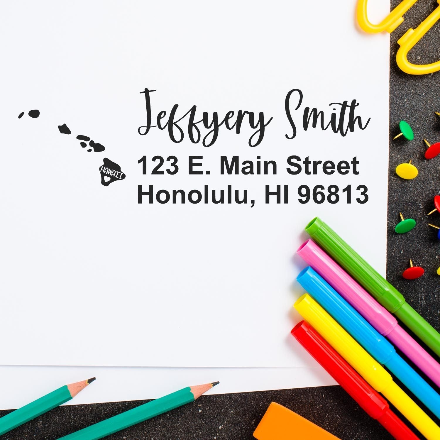 Custom return address rubber stamp with Hawaii map design for Jeffery Smith, Honolulu, HI 96813.