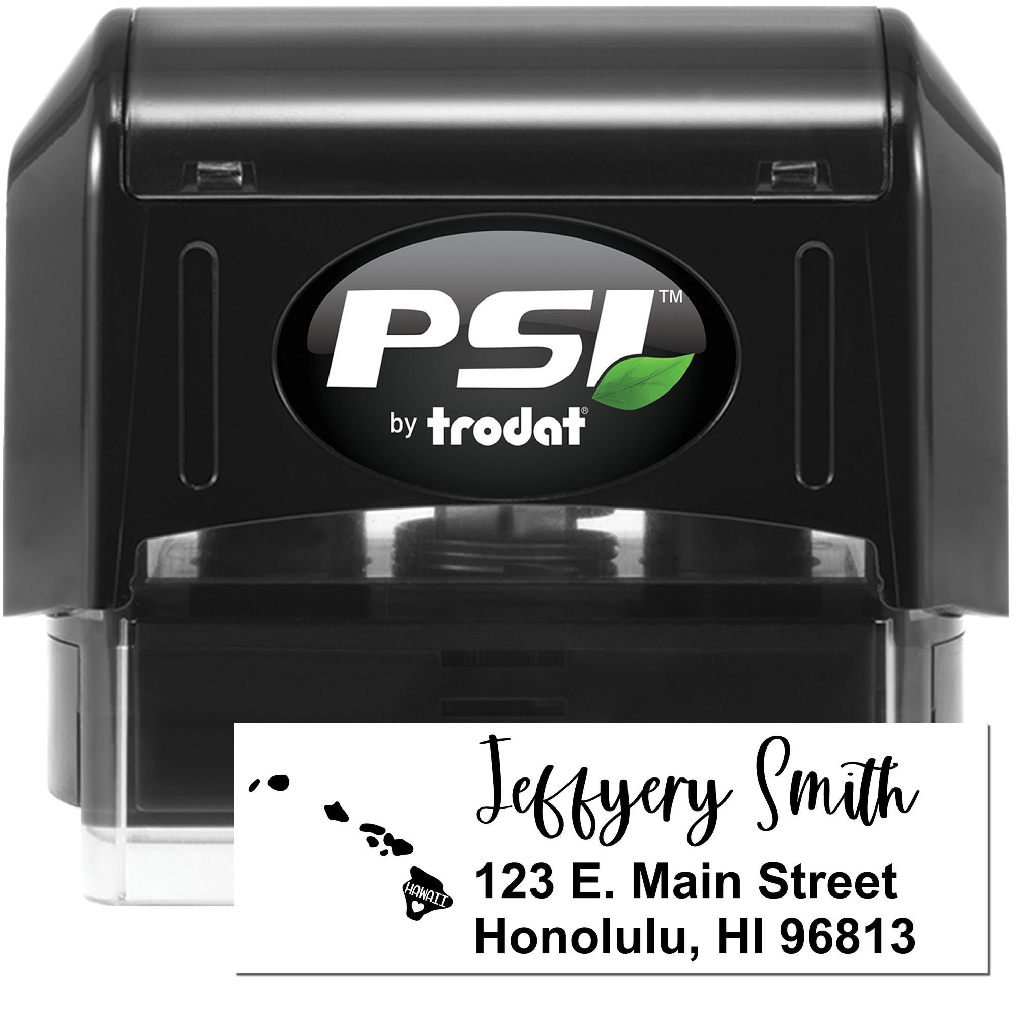 PSI by Trodat self-inking custom rubber stamp with personalized return address for Jeffrey Smith, Honolulu, Hawaii.