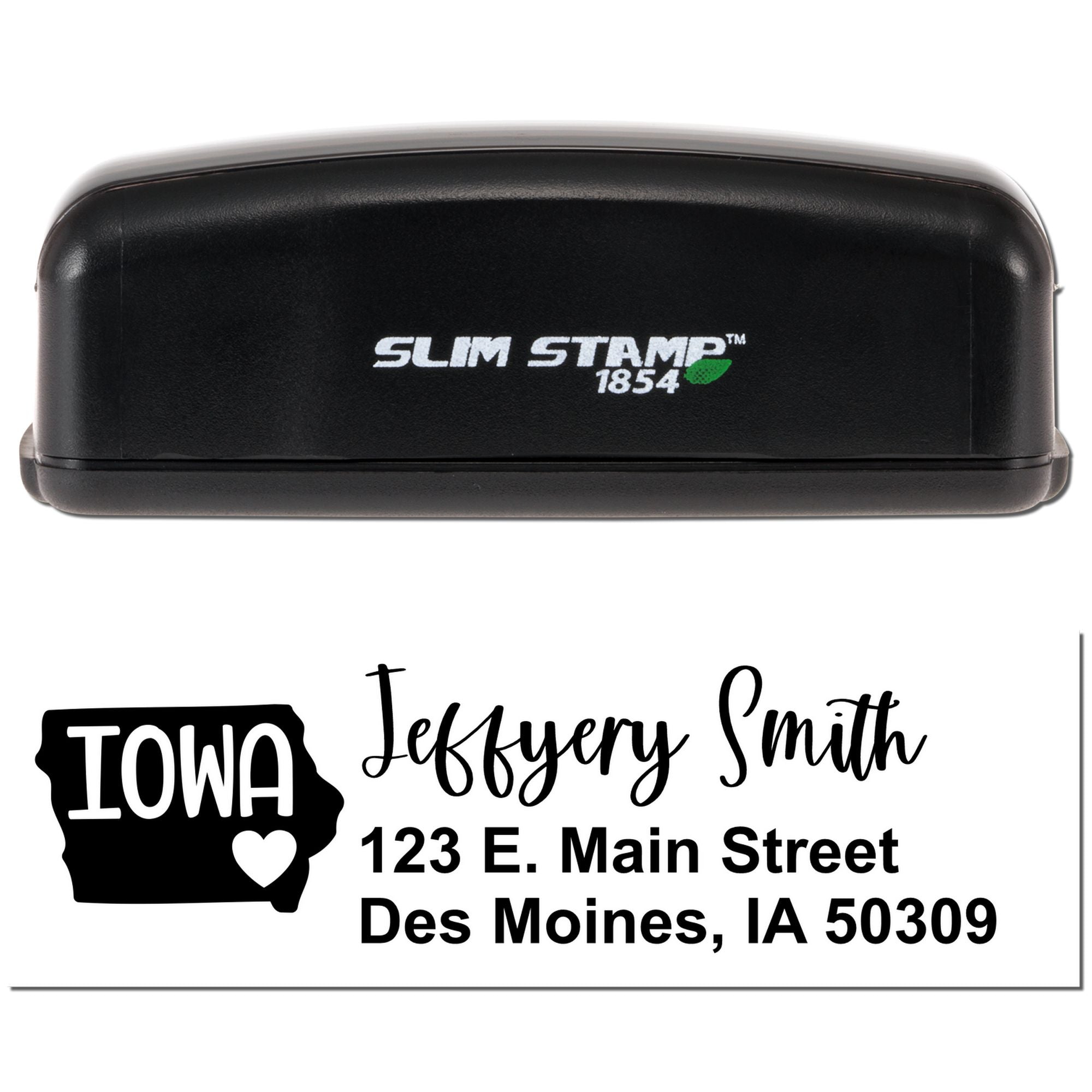 Slim Stamp 1854 custom Iowa address rubber stamp with name and Des Moines, IA 50309 return address design