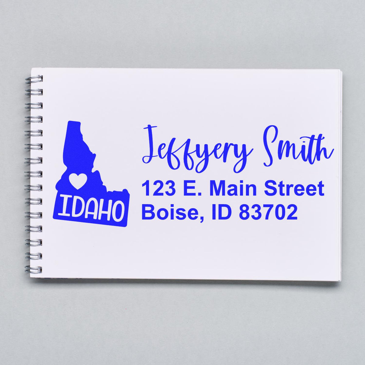 Personalized Idaho return address rubber stamp for Jeffery Smith, Boise, ID 83702.