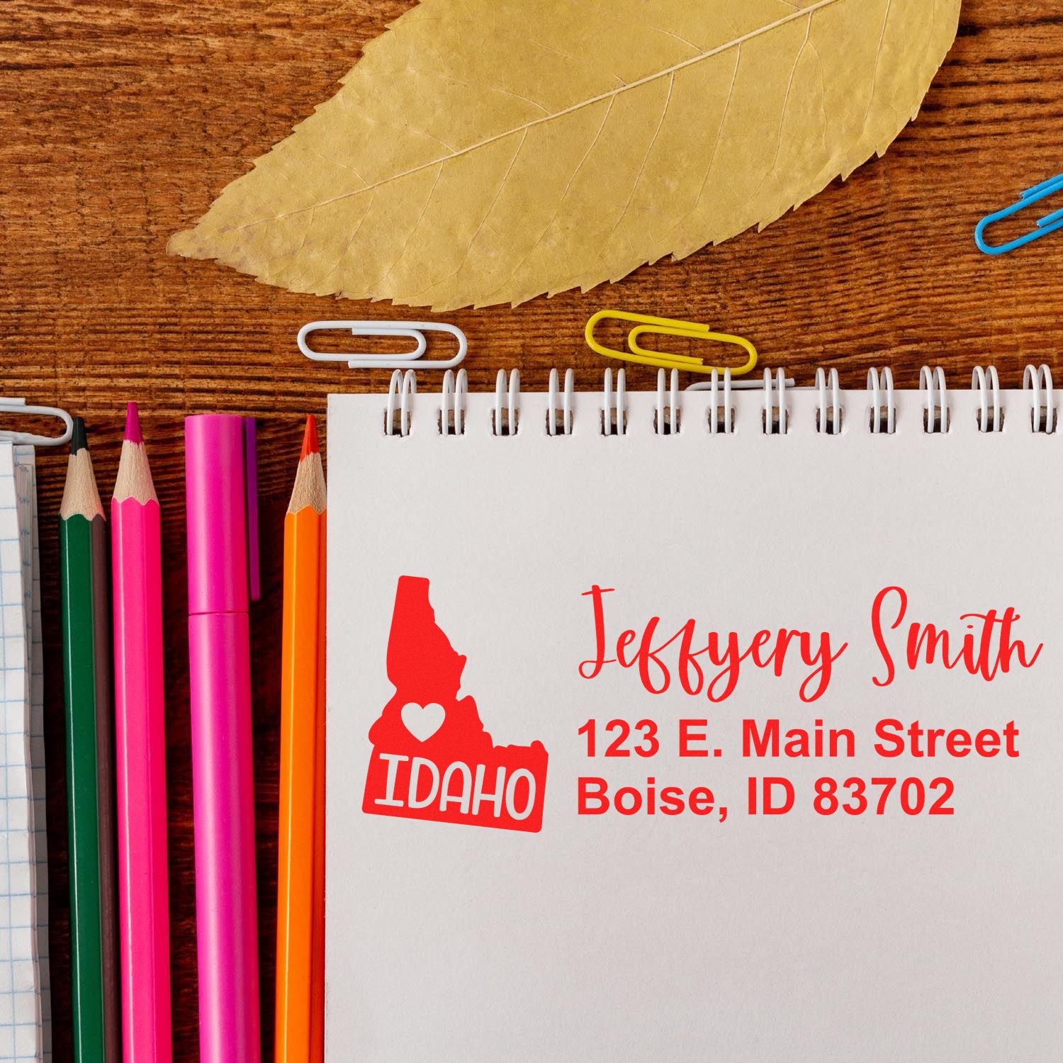 Custom Idaho return address rubber stamp with name and Boise, ID address for personalized stationery and mailing.