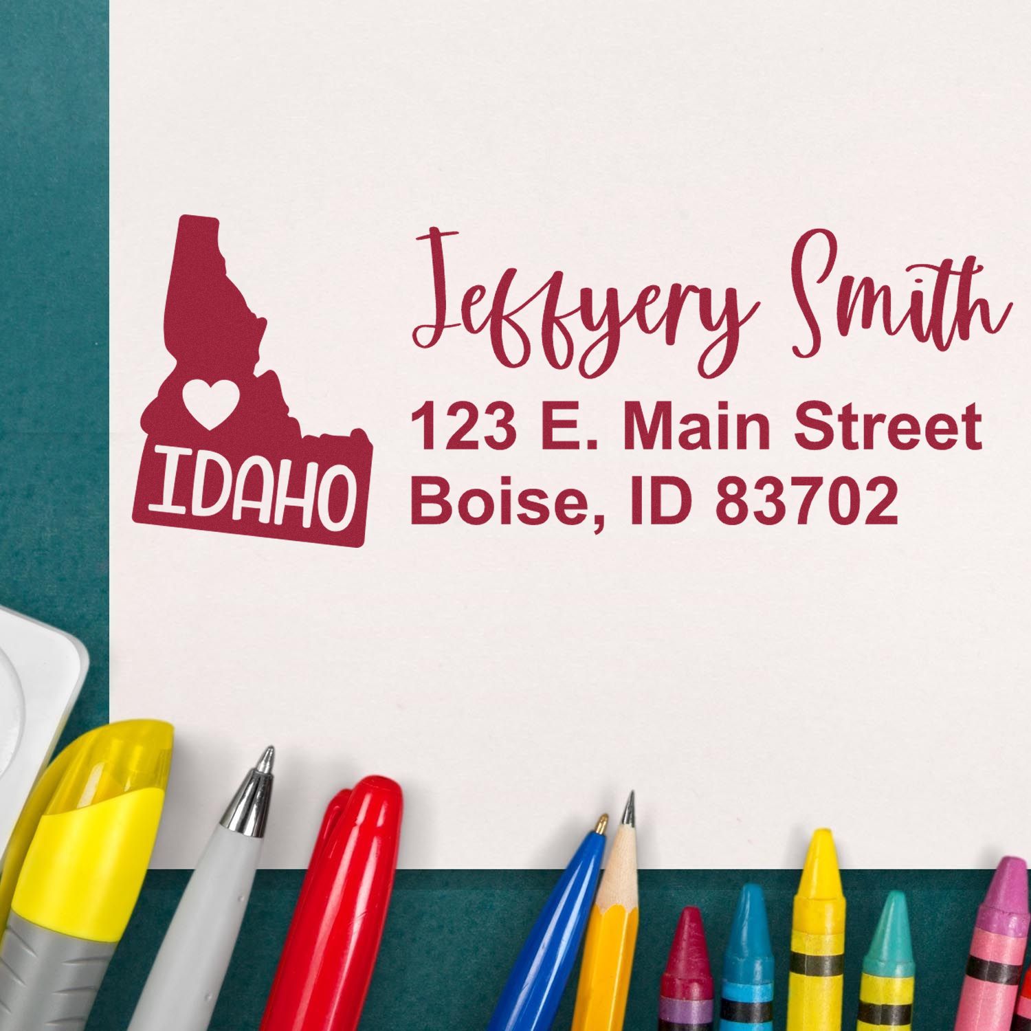Custom Idaho address rubber stamp with personalized name, state outline, and Boise mailing address for Jeffrey Smith.