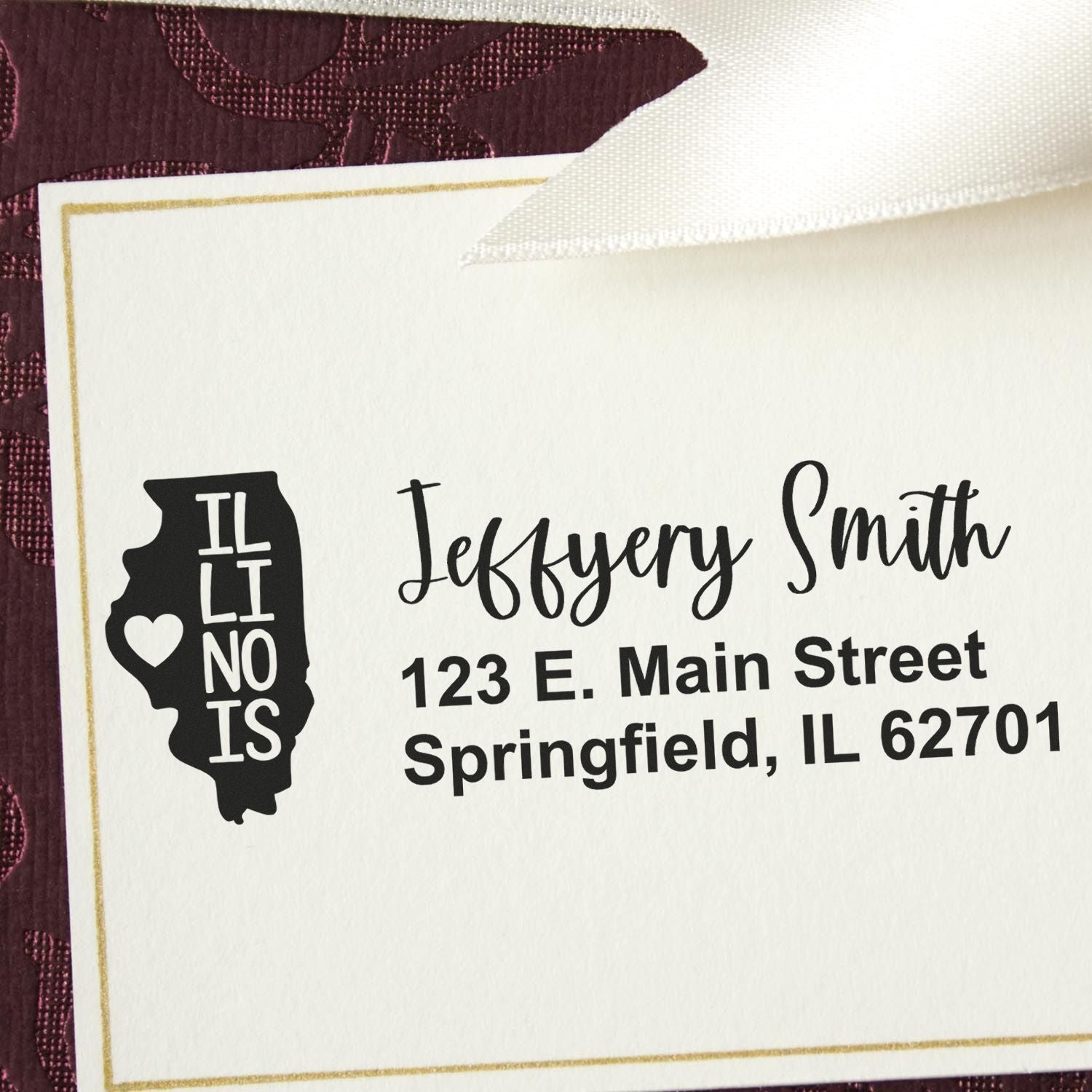 Custom Illinois return address rubber stamp with state outline, heart icon, and Jeffrey Smith, Springfield, IL 62701.