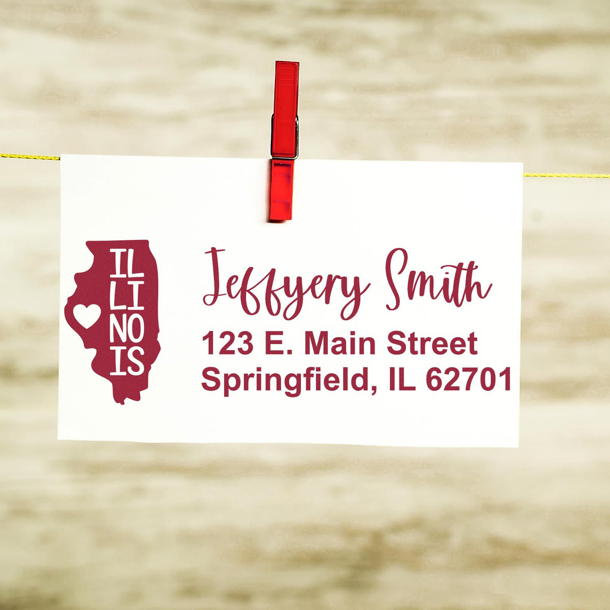 Personalized Illinois return address rubber stamp with state outline, heart, name, and Springfield, IL address.