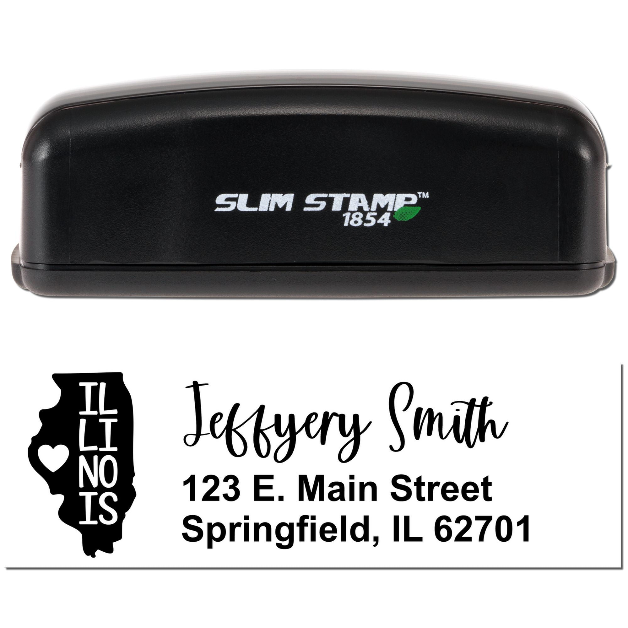 Custom address rubber stamp with Illinois state design and Jeffery Smith Springfield, IL return address imprint.