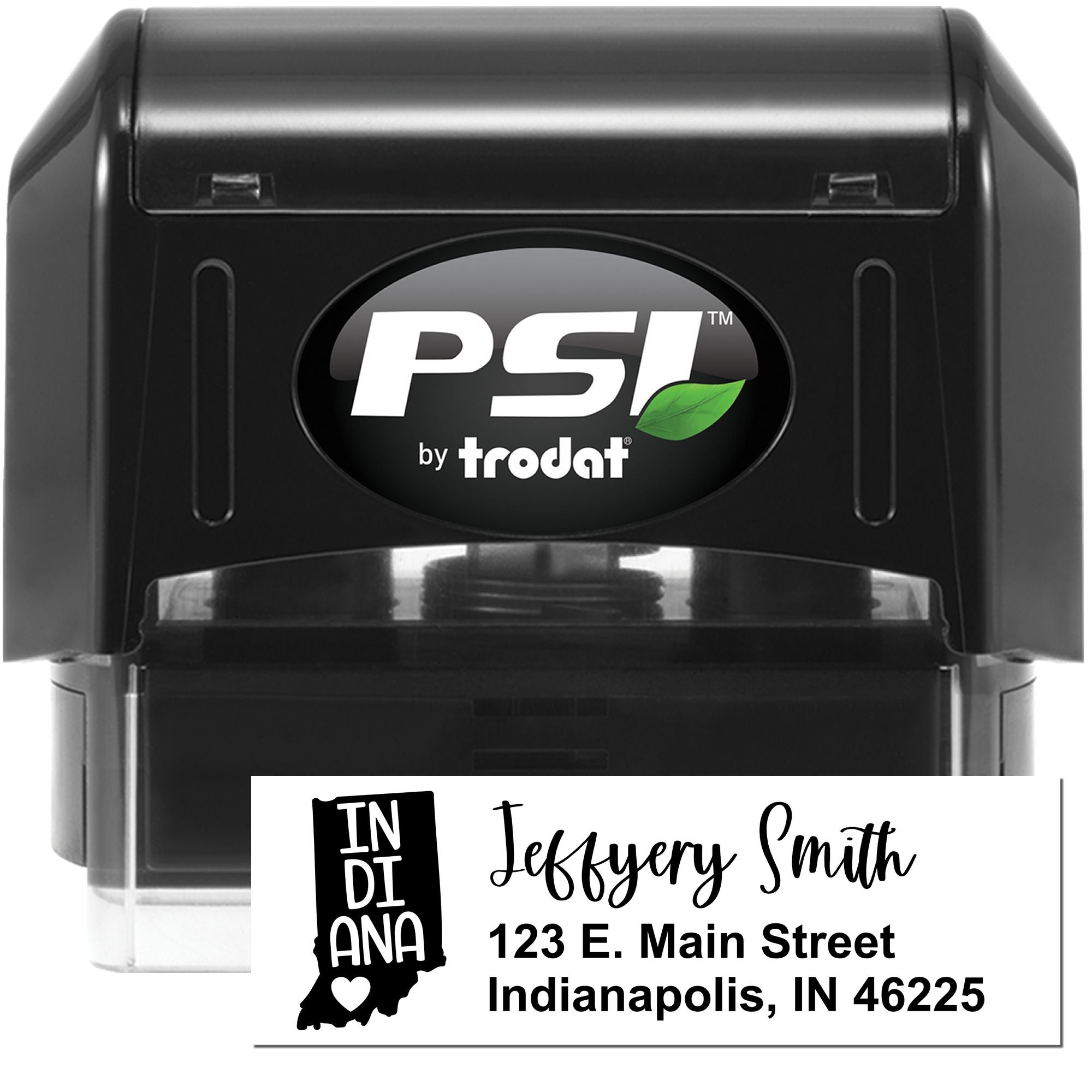 Personalized self-inking PSI by Trodat rubber stamp with Indiana address design for mailing and business use.