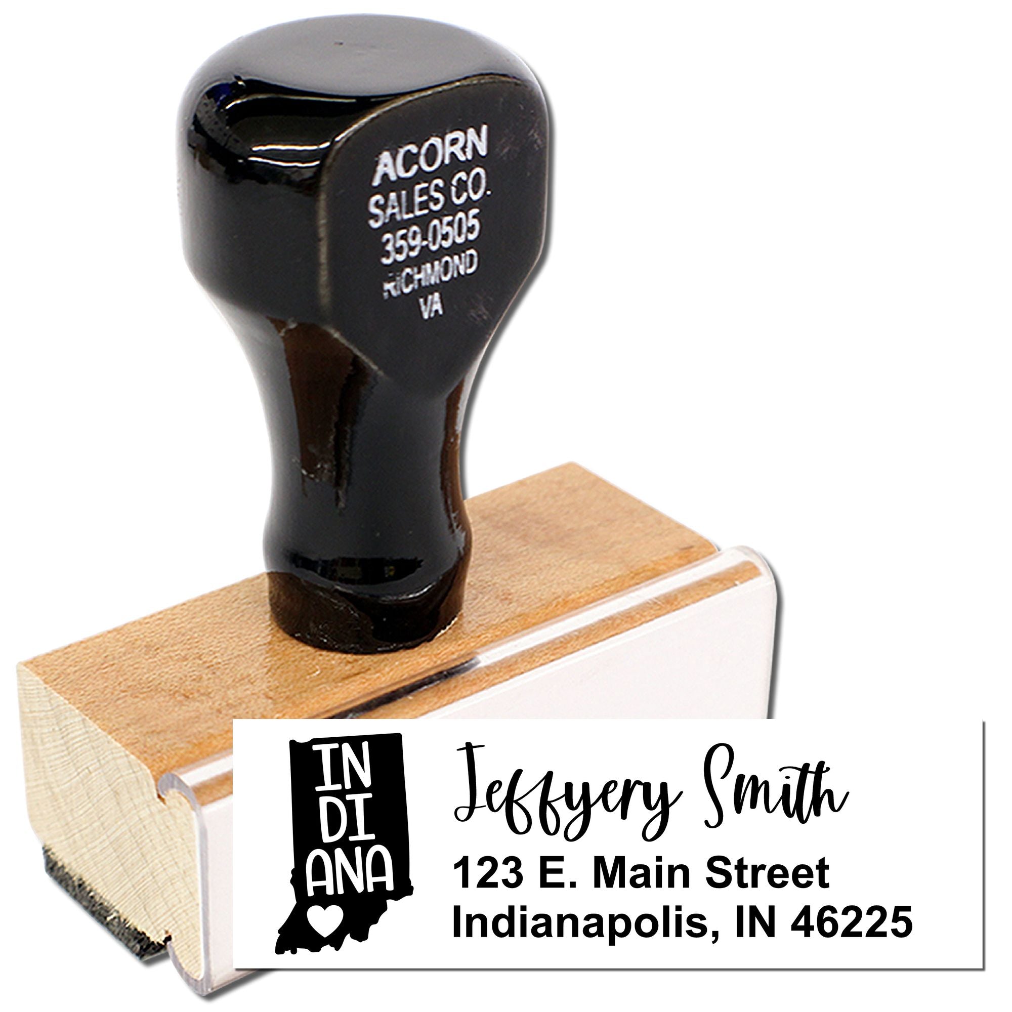 Custom Indiana return address rubber stamp with personalized name and mailing address for envelopes and wedding invitations.