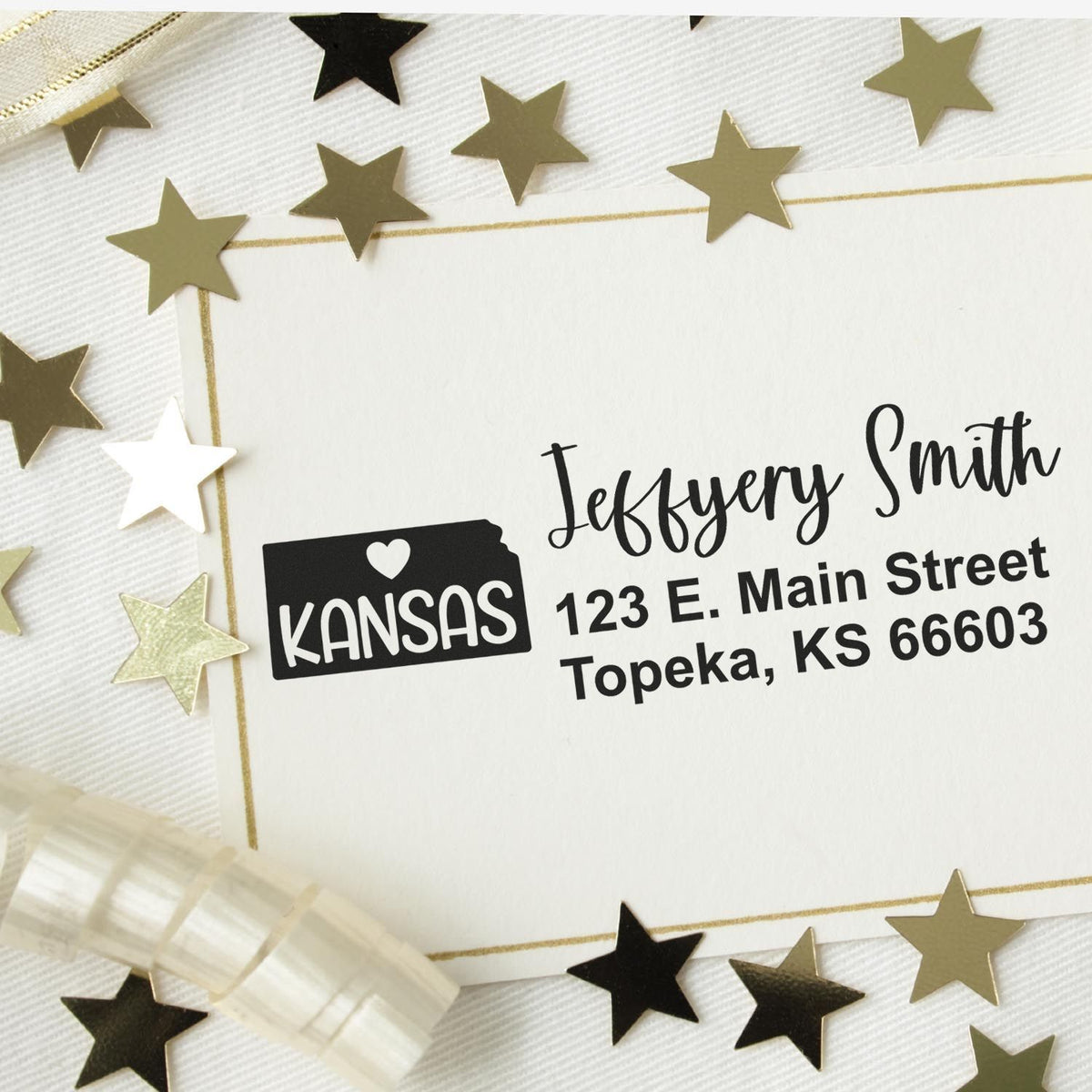 Custom Kansas return address rubber stamp with name and Topeka, KS address for personalized envelopes and mailings