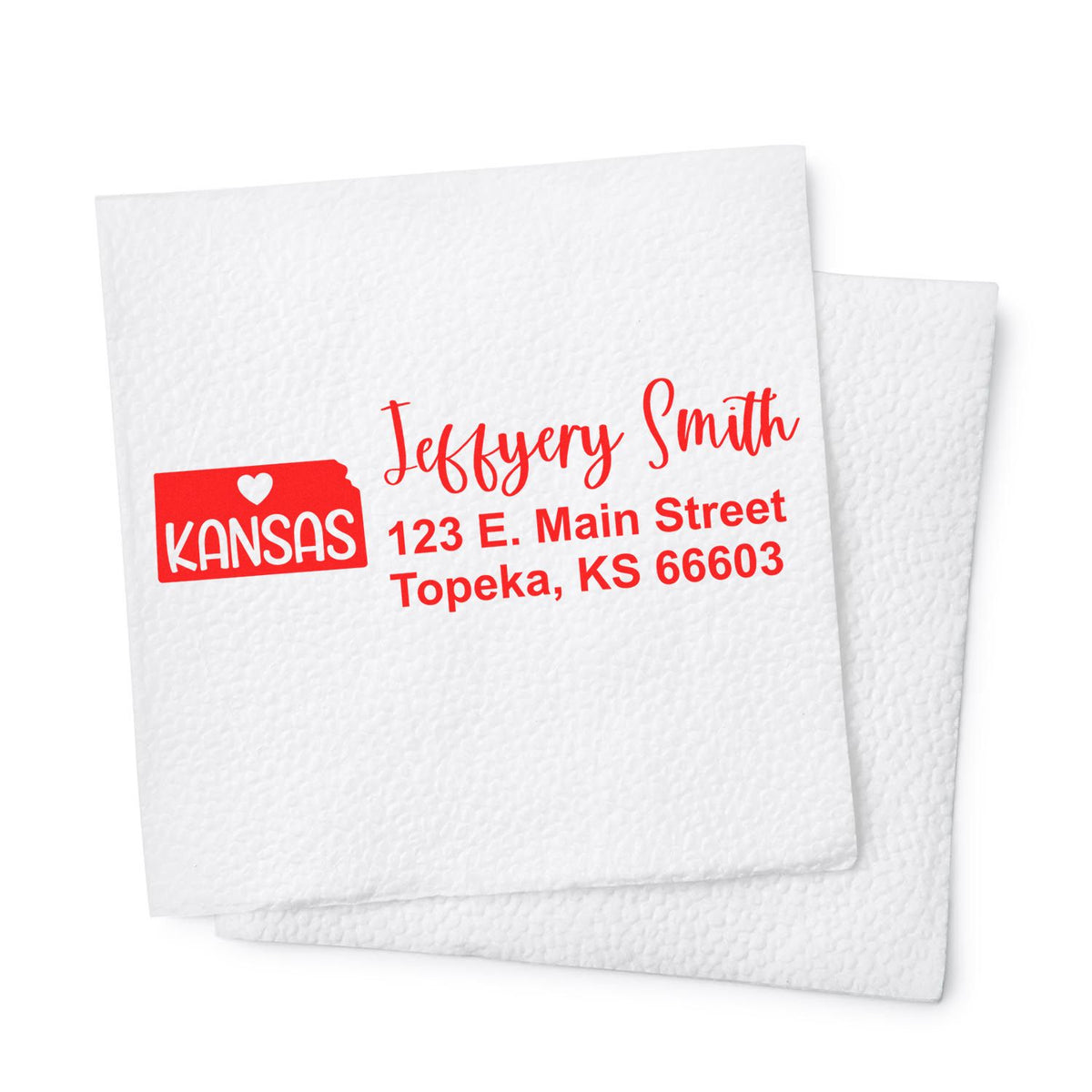 Custom Kansas return address rubber stamp with name and Topeka, KS mailing address for envelopes and stationery