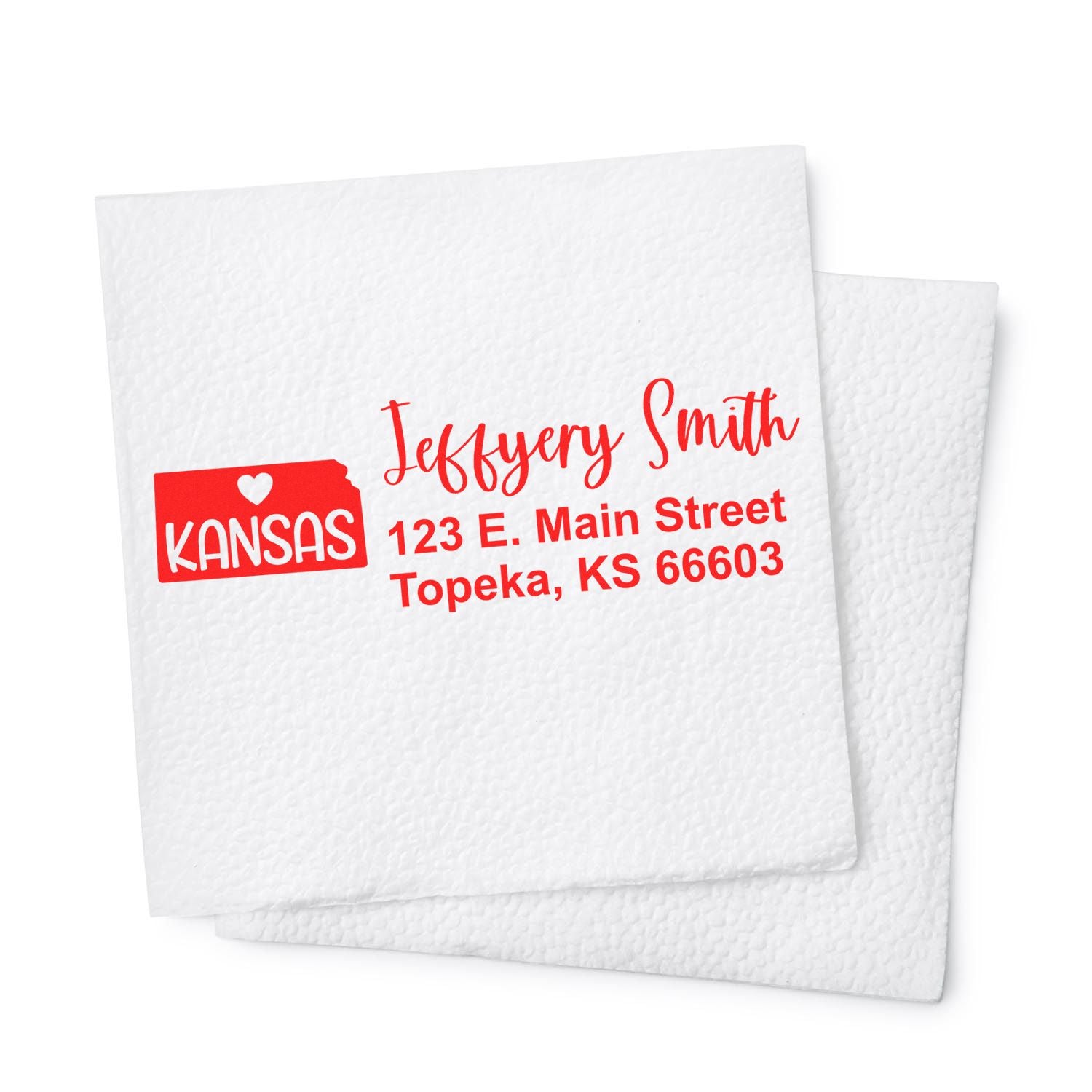 Custom Kansas return address rubber stamp with Jeffrey Smith name and Topeka, KS 66603 mailing address
