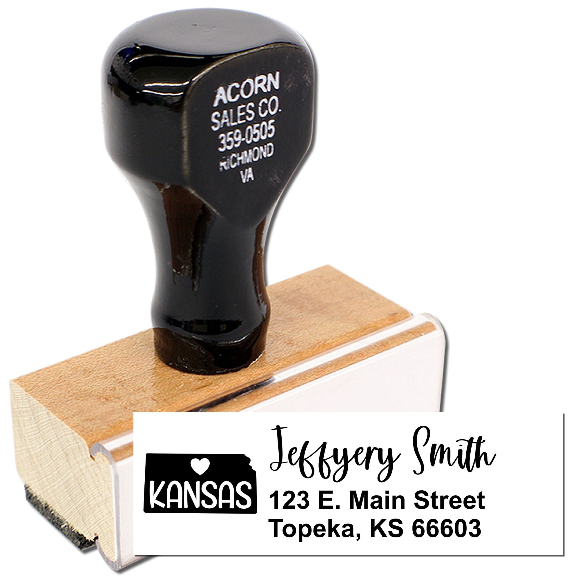 Custom wood handle rubber stamp with Kansas return address, ideal for business mailings, envelopes, and branding.