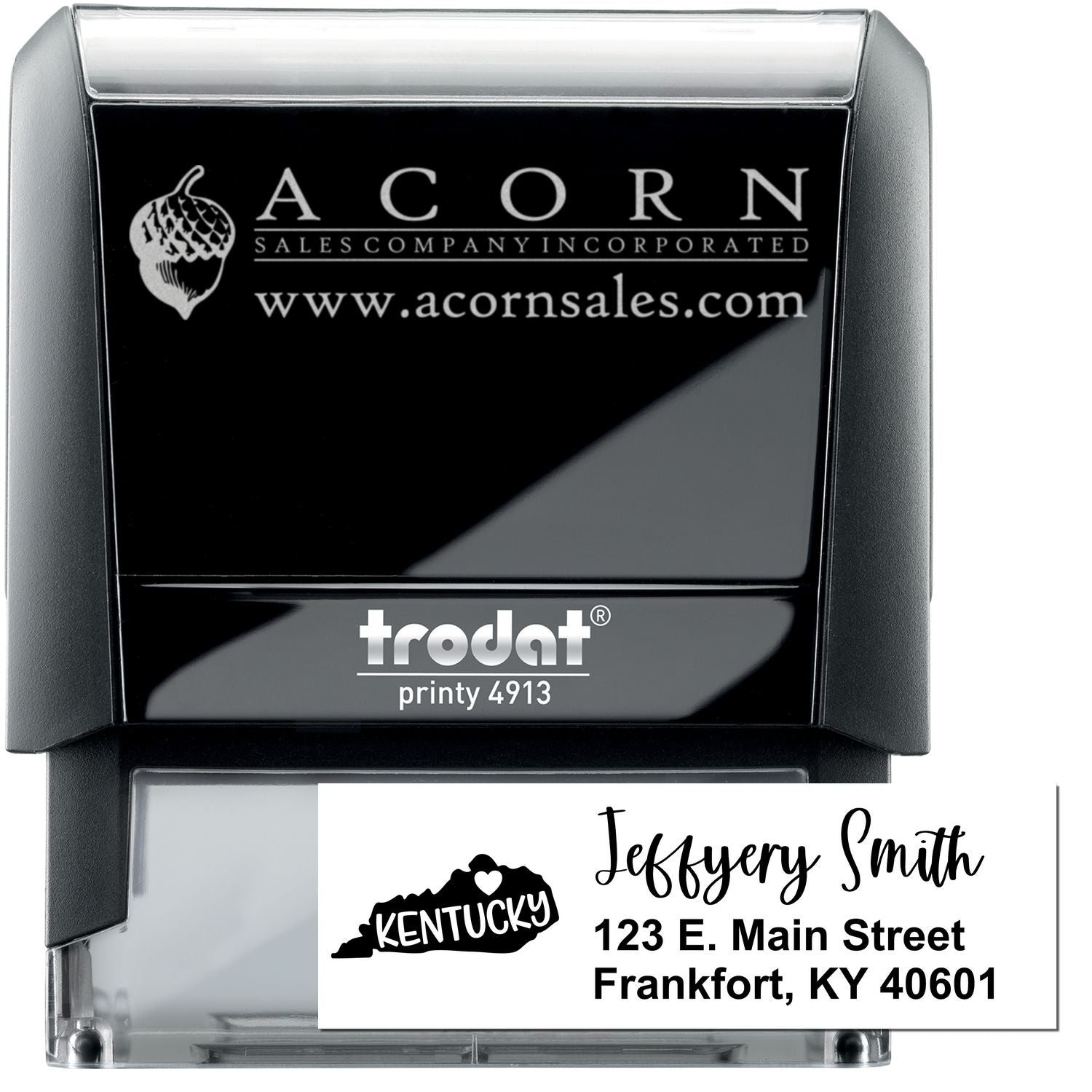 Trodat Printy 4913 custom self-inking rubber stamp with business logo and Kentucky address label.