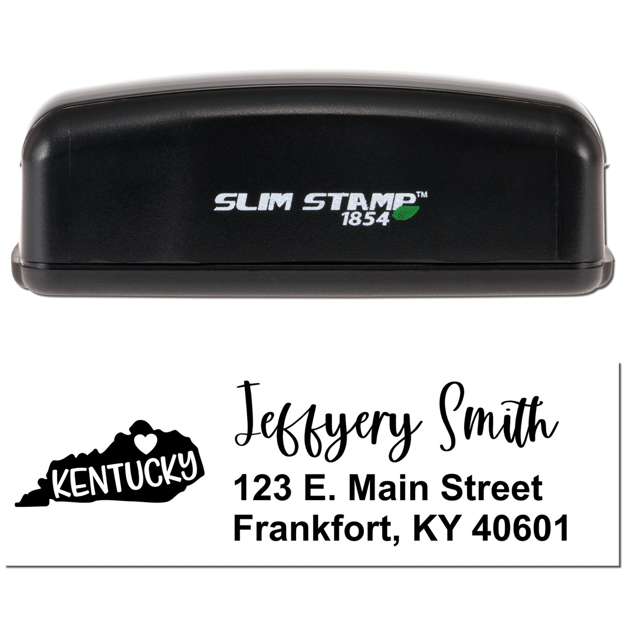 Custom self-inking rubber stamp for Kentucky address printing, featuring Jefferson Smith, 123 E. Main Street, Frankfort, KY 40601.