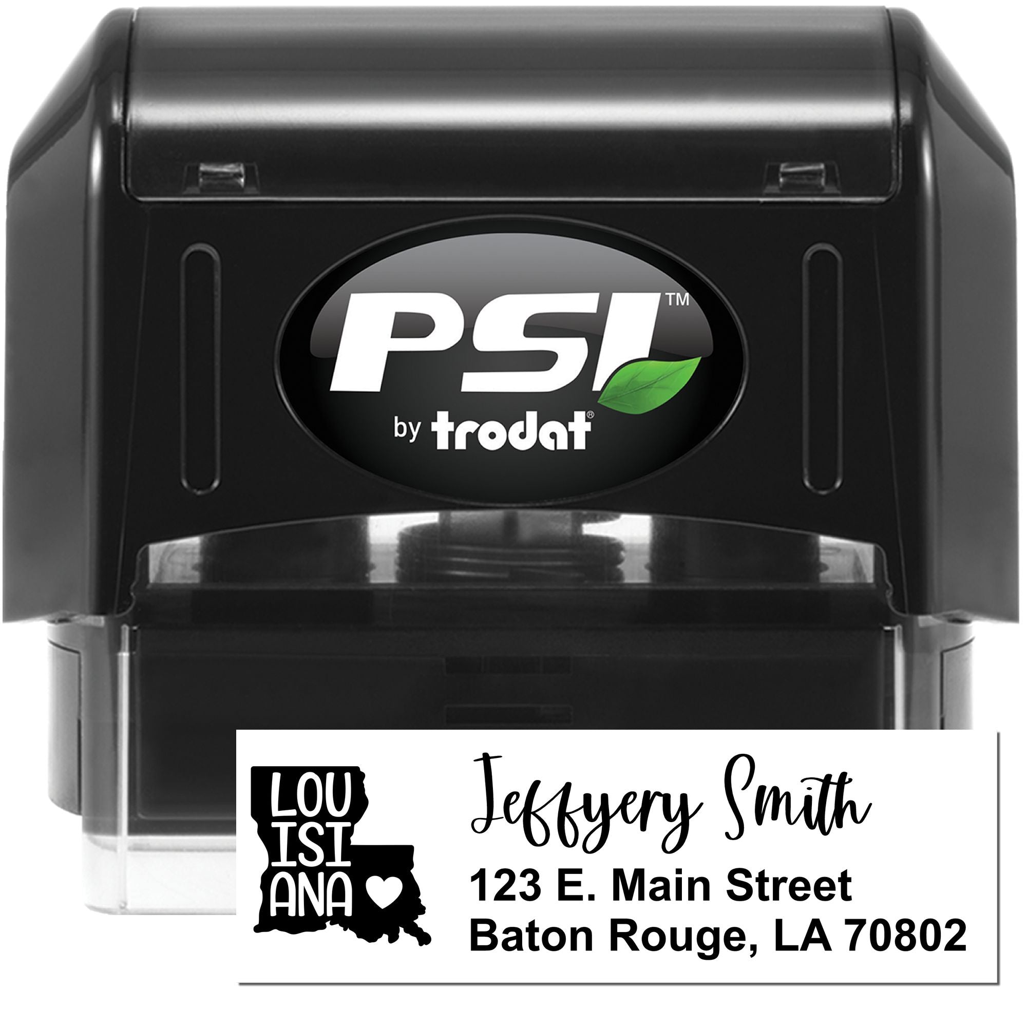 PSI by Trodat self-inking custom address rubber stamp with Louisiana state design for personalized mailing.